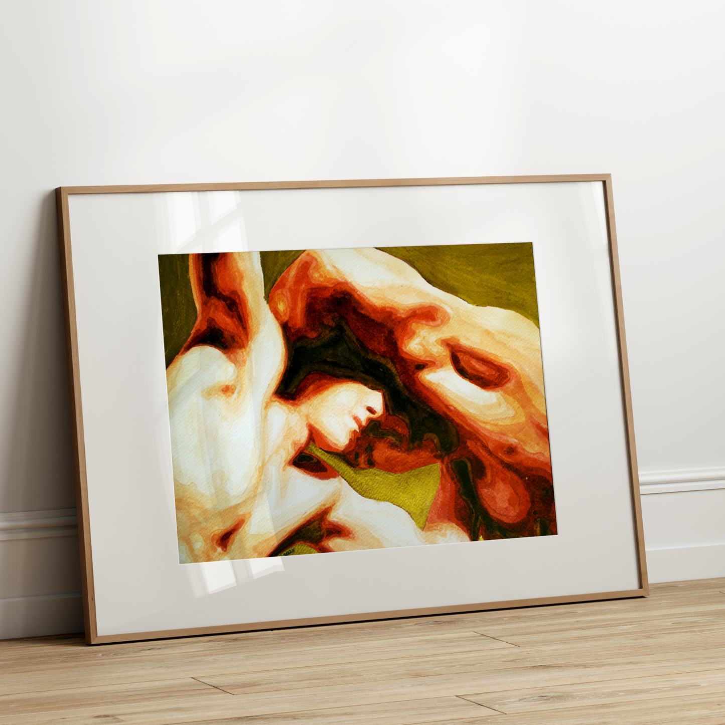 Framed abstract artwork on a white wall