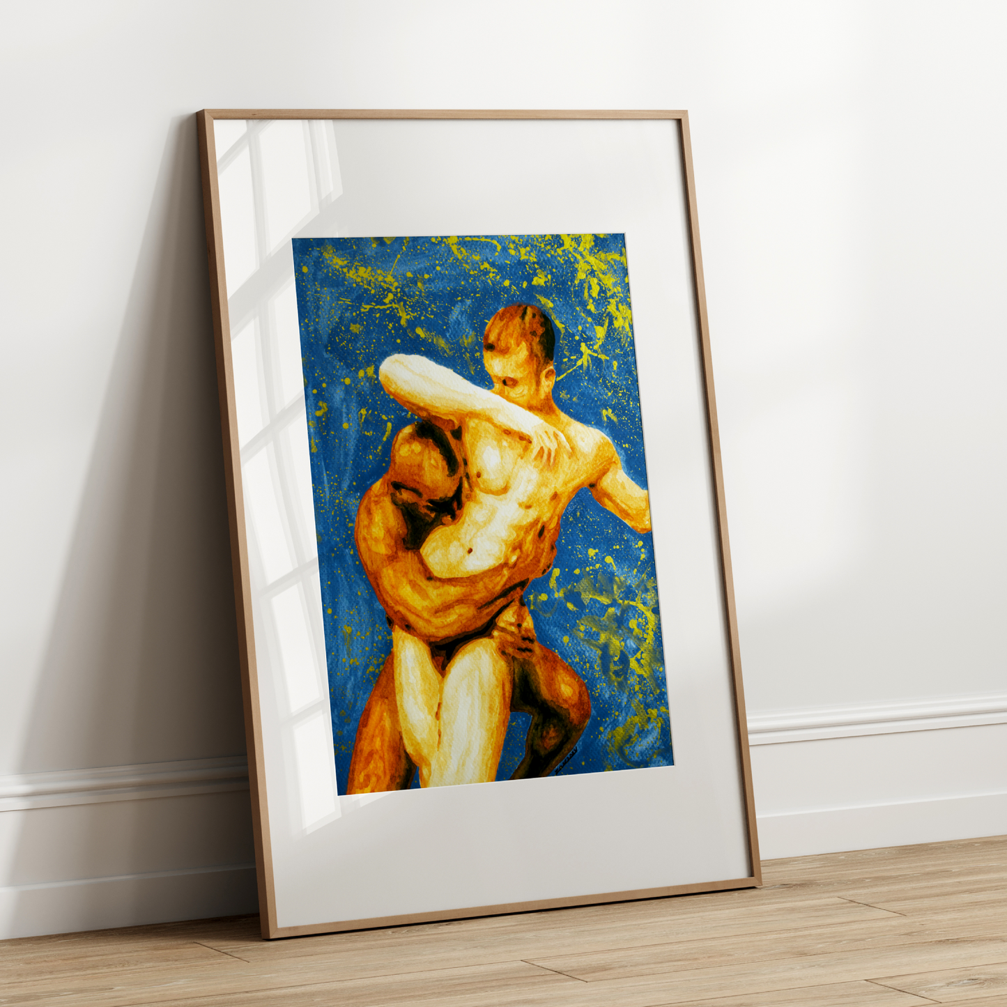 Framed artwork of a nude figure holding a baseball bat against a blue background on a white wall.
