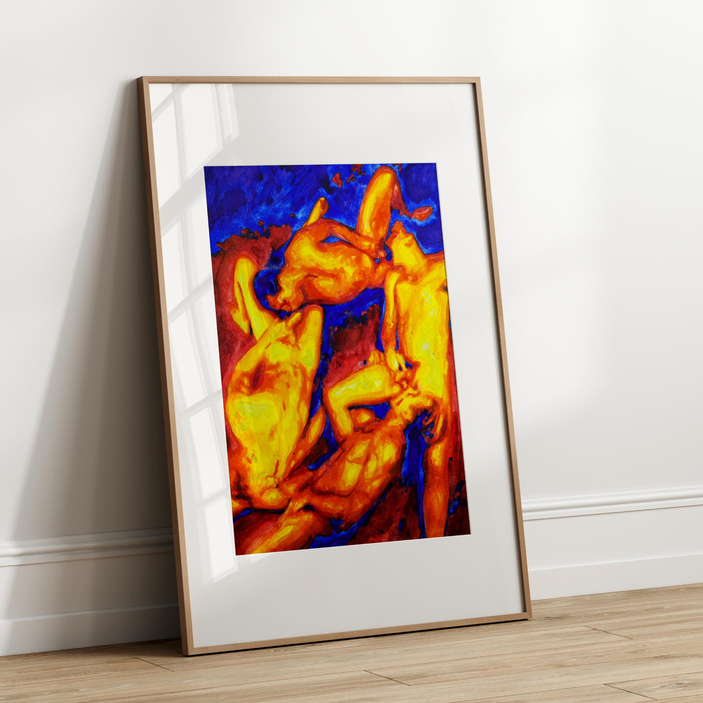 Watercolor painting of four nude queer figures in a circular composition, using warm and cool tones to depict a sensual and emotional erotic scene. Zak Pop Art.