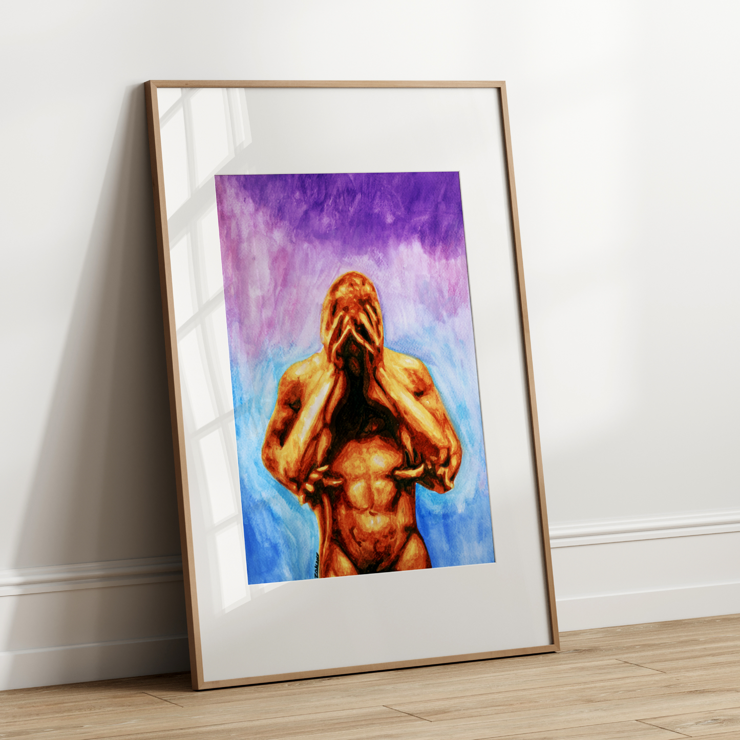 Watercolor of a muscular nude man holding his head in distress while another man gently hugs him from behind, with a blue and purple background.