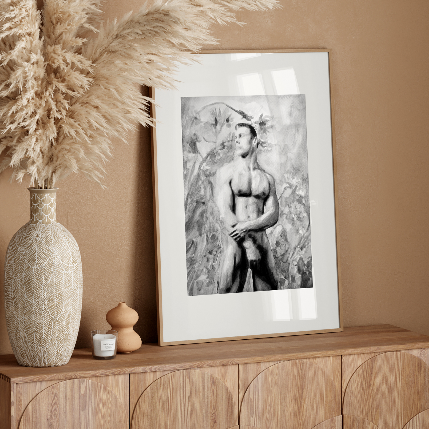 Black and white watercolor painting of a nude muscular male viewed from a low angle, expressing bold queer identity and masculine beauty by Zak Pop Art.