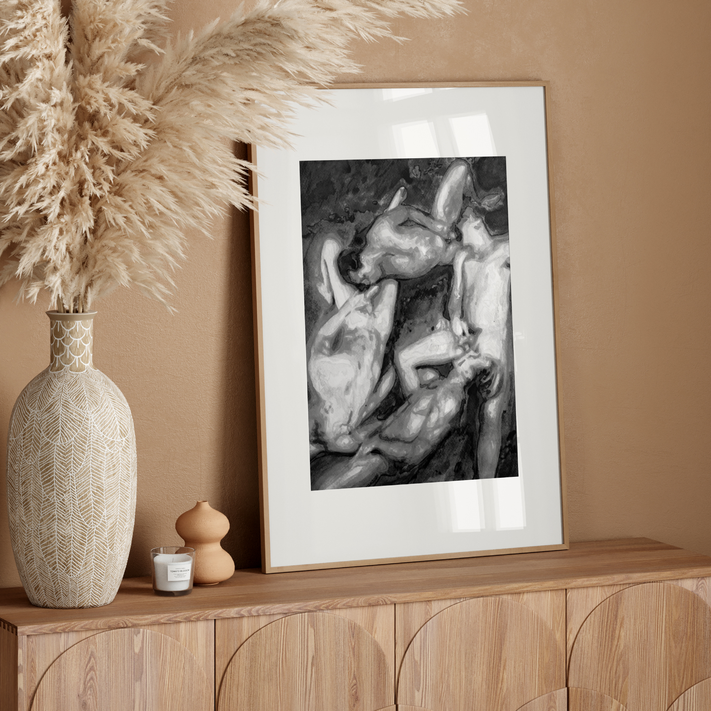 Black and white watercolor print of four nude queer figures in a circular arrangement, exploring intimacy and form through expressive grayscale brushwork. Zak Pop Art.