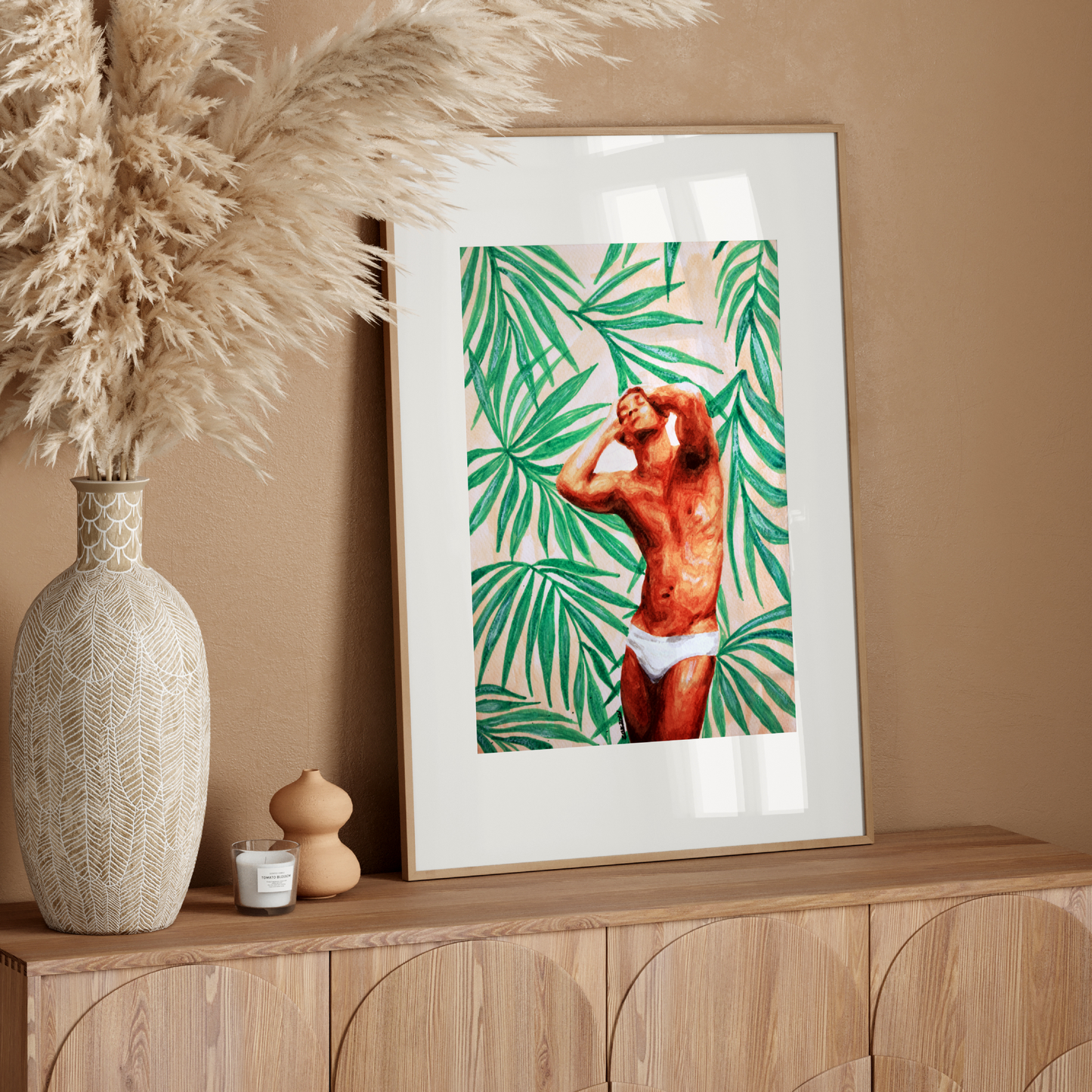 Watercolor painting of a muscular man wearing underwear, posed confidently against a backdrop of tropical palm leaves in soft pink tones, reflecting vibrant Miami style and queer pride. Original Zak Pop Art.