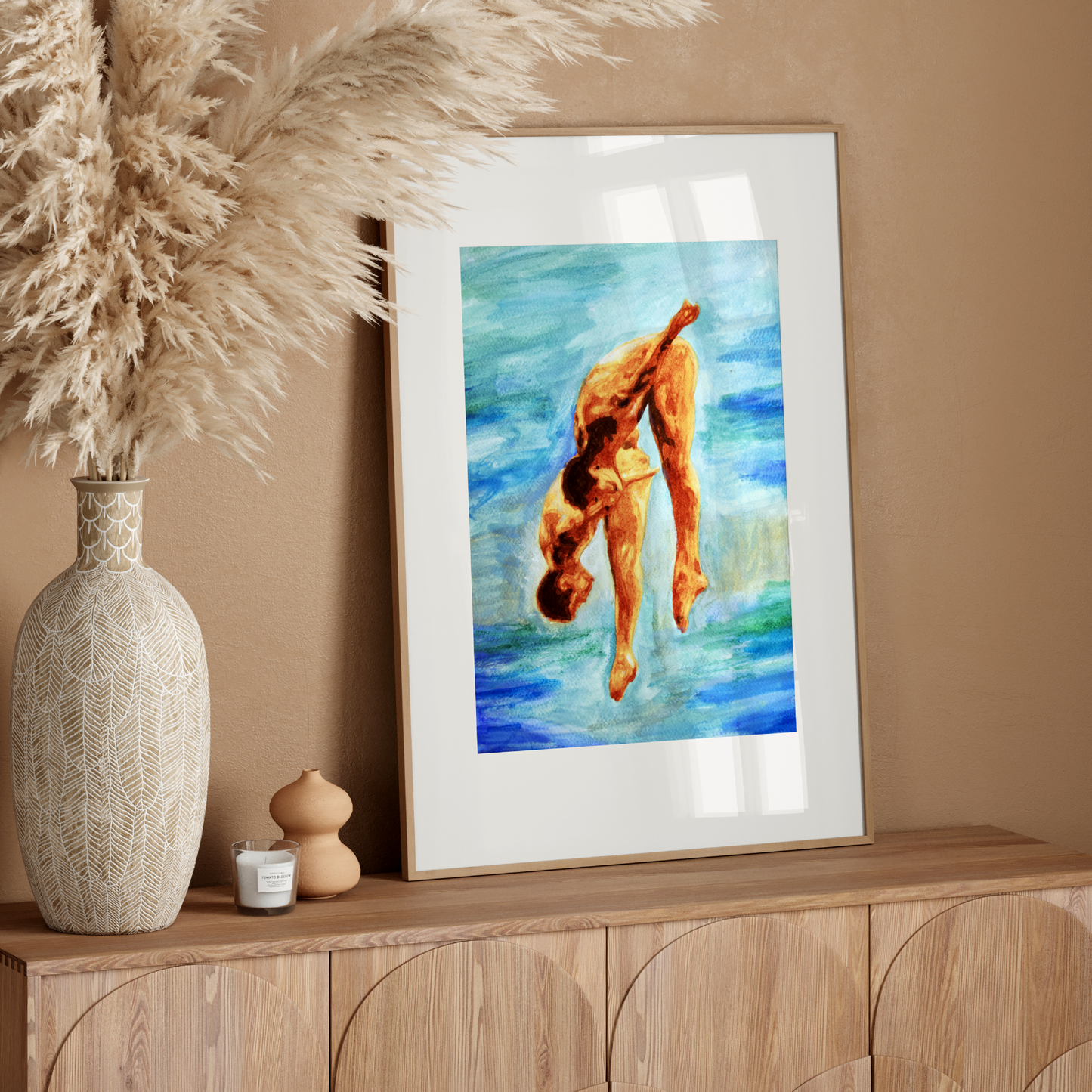 Watercolor of two nude men jumping into a blue pool, with bright colors and expressive movement, capturing joy and intimacy.