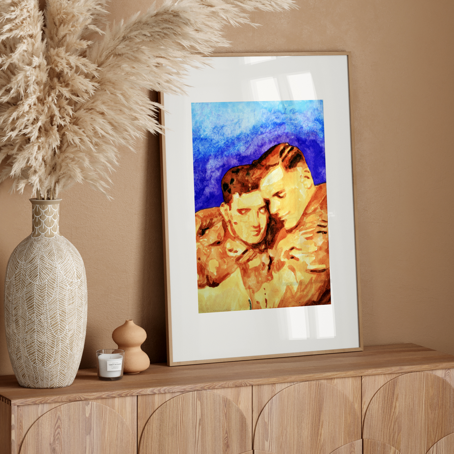 Watercolor painting of two WWI soldiers embracing tenderly, dressed in vintage military uniforms. A romantic and emotional tribute to hidden queer history.