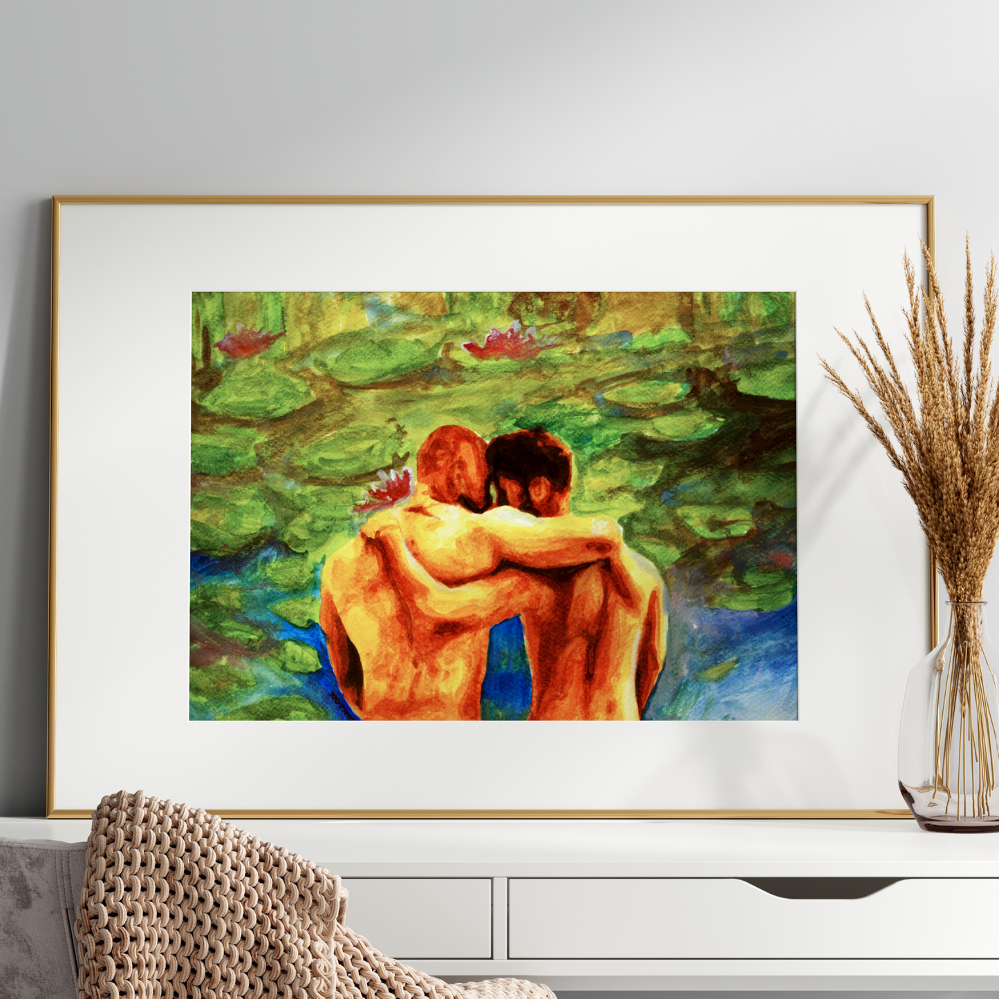 Watercolor painting of two men sitting from behind, arms around each other, looking at a Monet-style landscape with trees, water, and soft light.