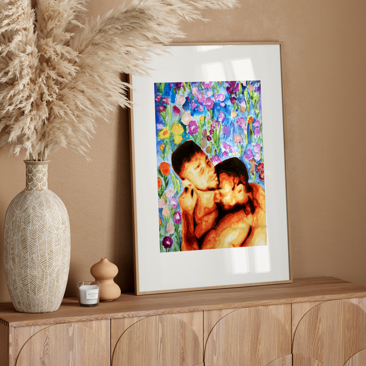 Watercolor painting of two gay men embracing nude from the waist up, in a soft romantic hug. Behind them is floral wallpaper in gold and rose tones, symbolizing elegance and queer intimacy.