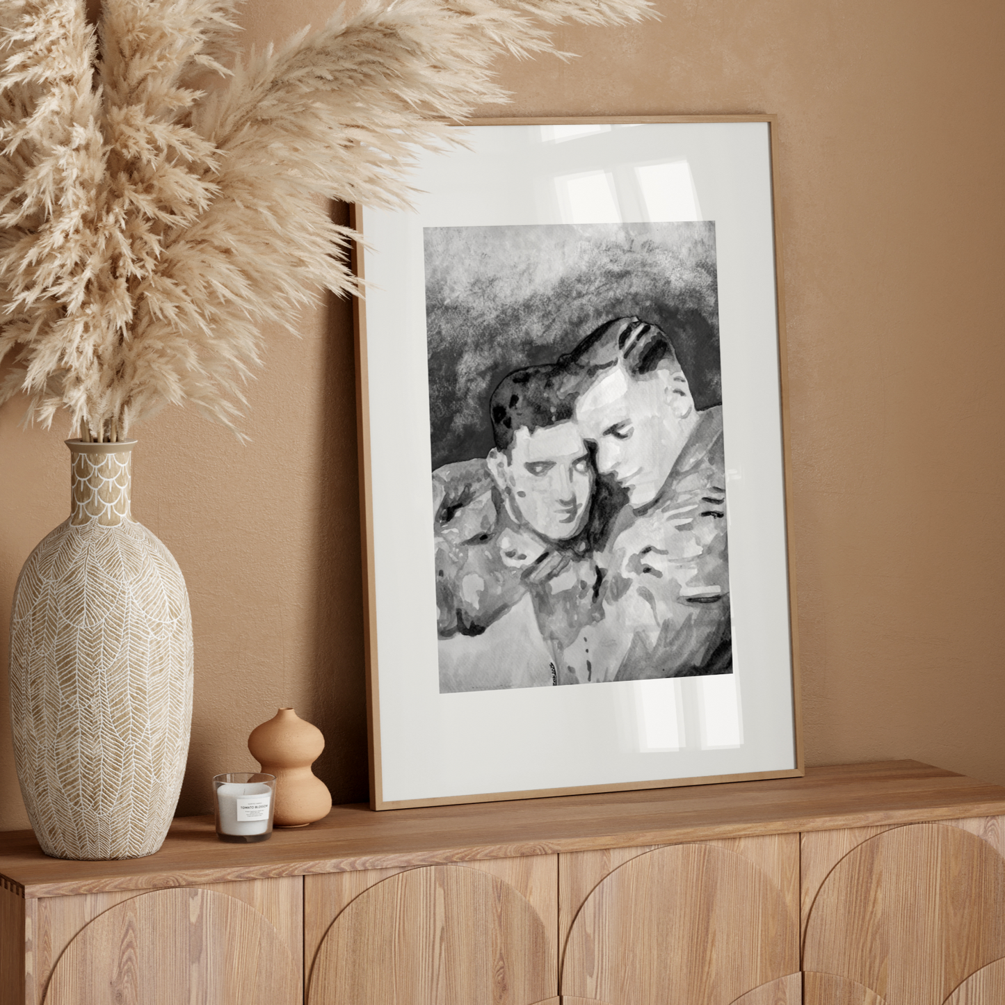 Black and white painting of two WWI soldiers in uniform sharing a tender, secret embrace. A grayscale tribute to queer love in wartime by Zak Pop Art.
