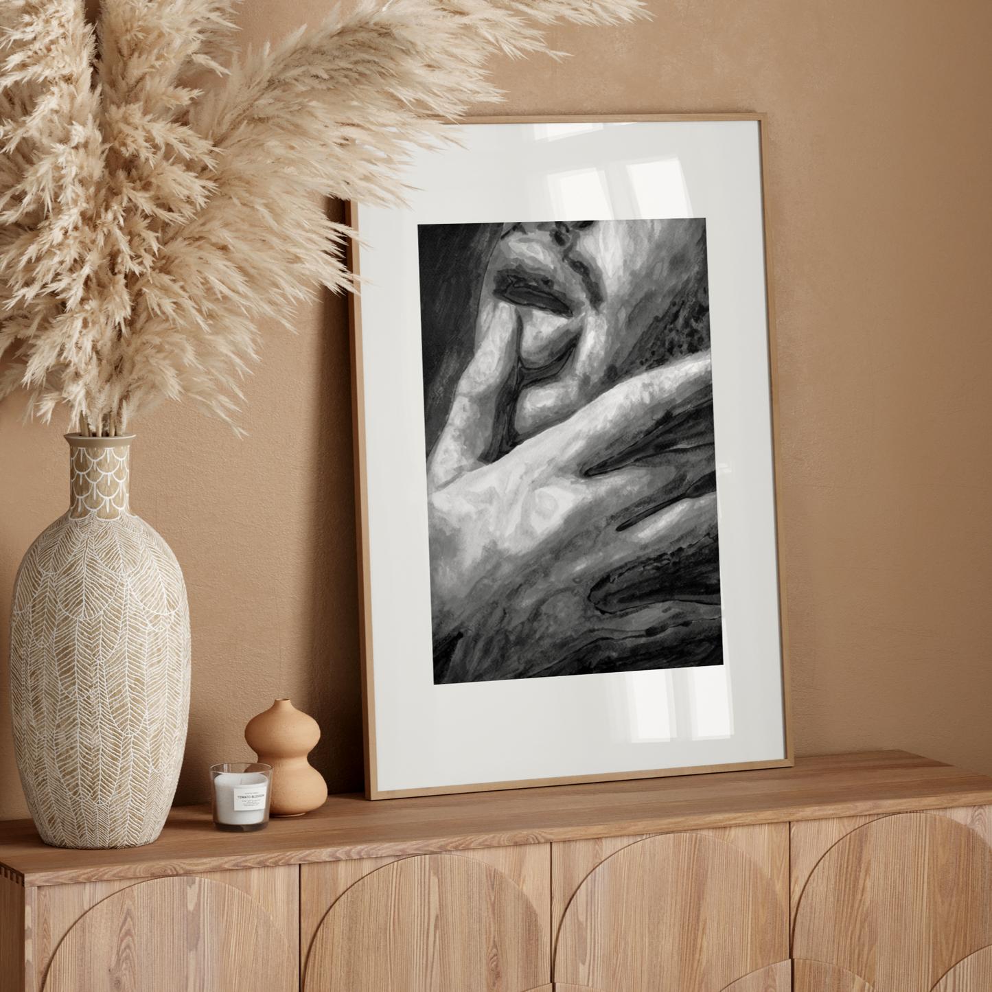 Black and white watercolor portrait of a queer man in side profile, touching his lips with his finger in a soft, expressive gesture.