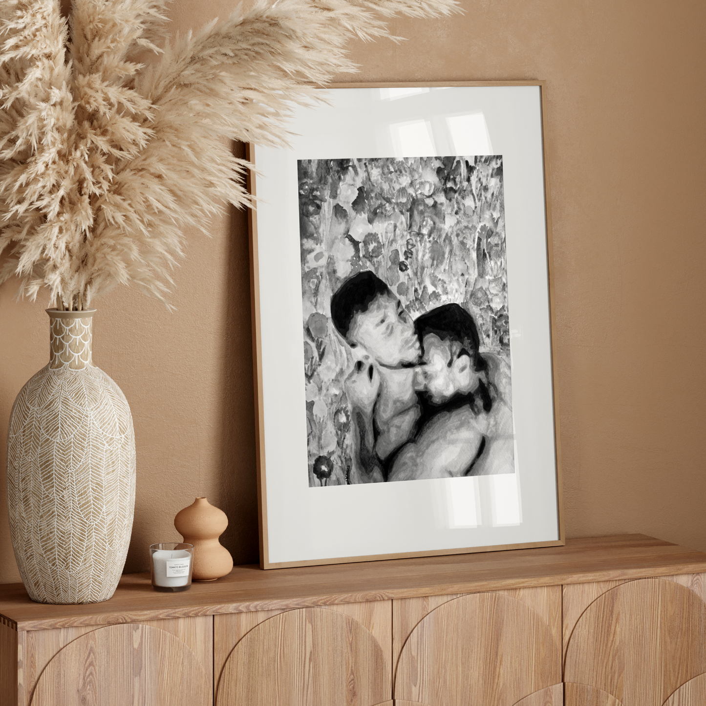 Black and white watercolor painting of two nude gay men embracing tenderly, shown from the waist up. Behind them is vintage floral wallpaper in grayscale, symbolizing queer intimacy and timeless elegance.