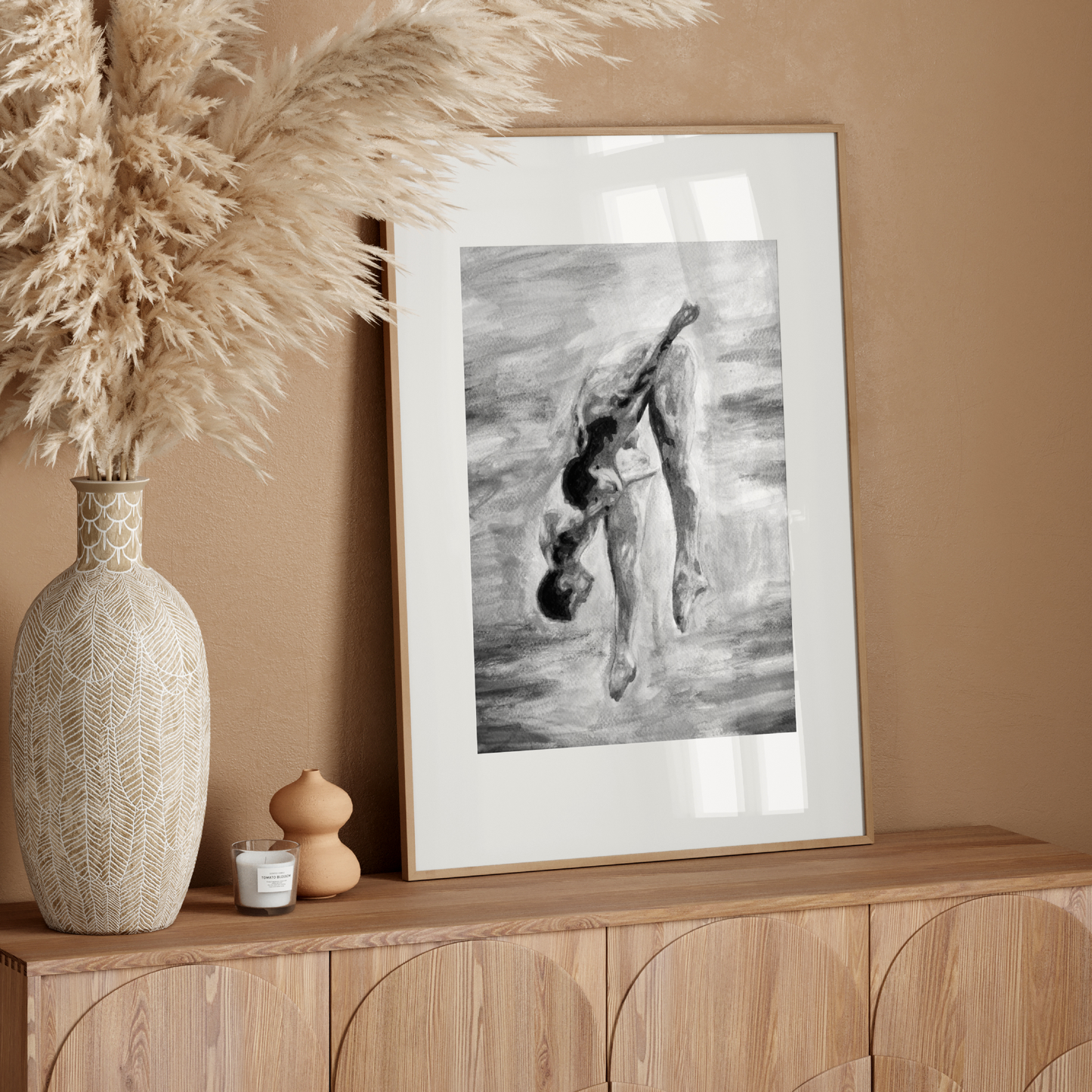 Black and white watercolor of two nude men jumping into water, viewed from behind, grayscale tones with expressive splashes and sky.