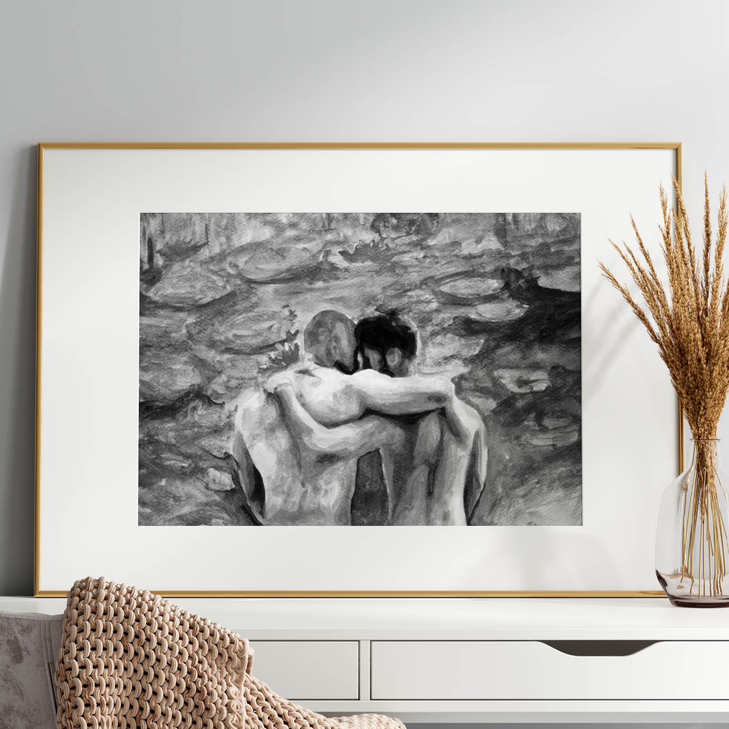 Black and white watercolor painting of two men from behind with arms around each other, looking at a soft landscape inspired by Monet.