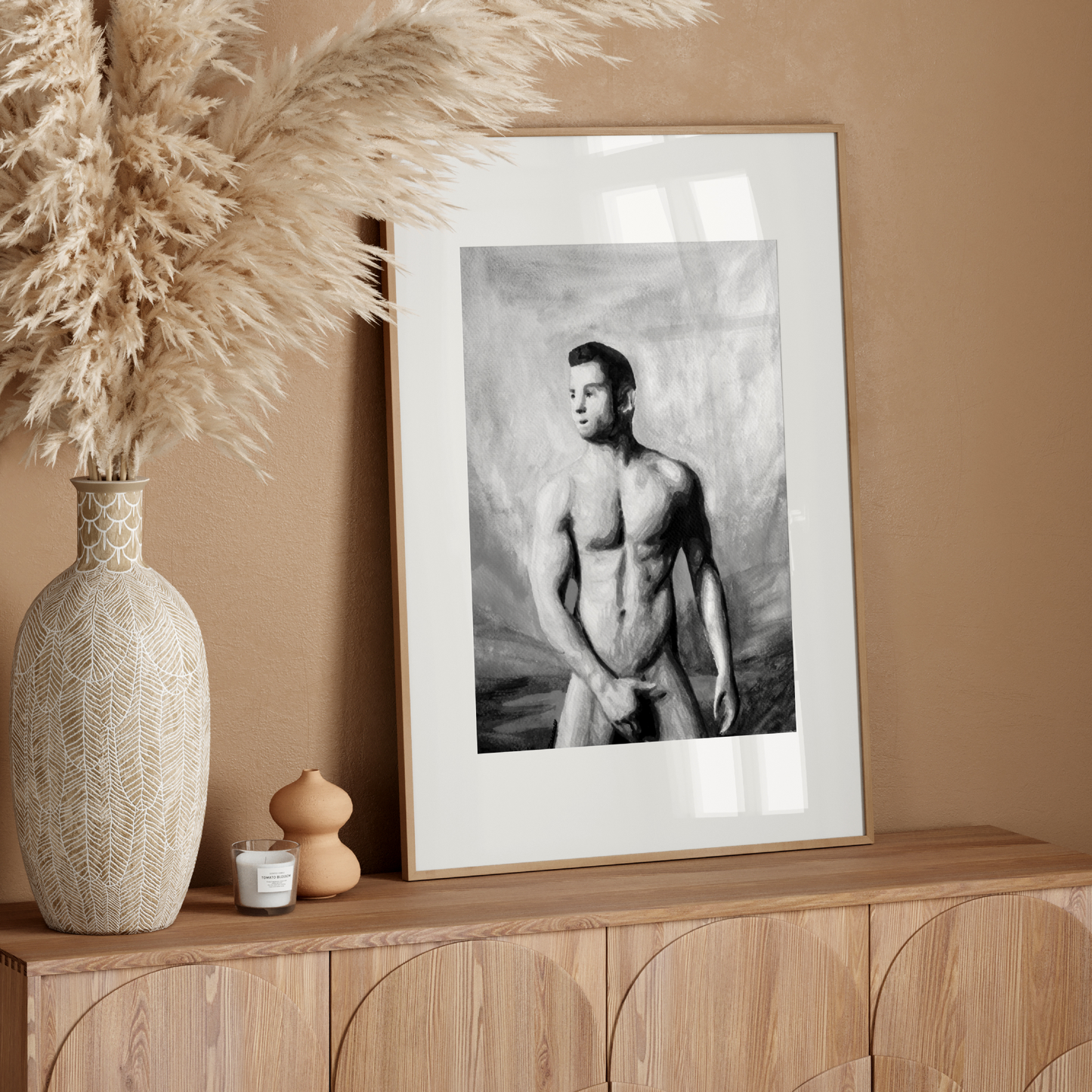 Black and white watercolor painting of a muscular nude man covering himself with his hands, standing beneath a moody sky, symbolizing queer strength, modesty, and emotional presence. Original Zak Pop Art.