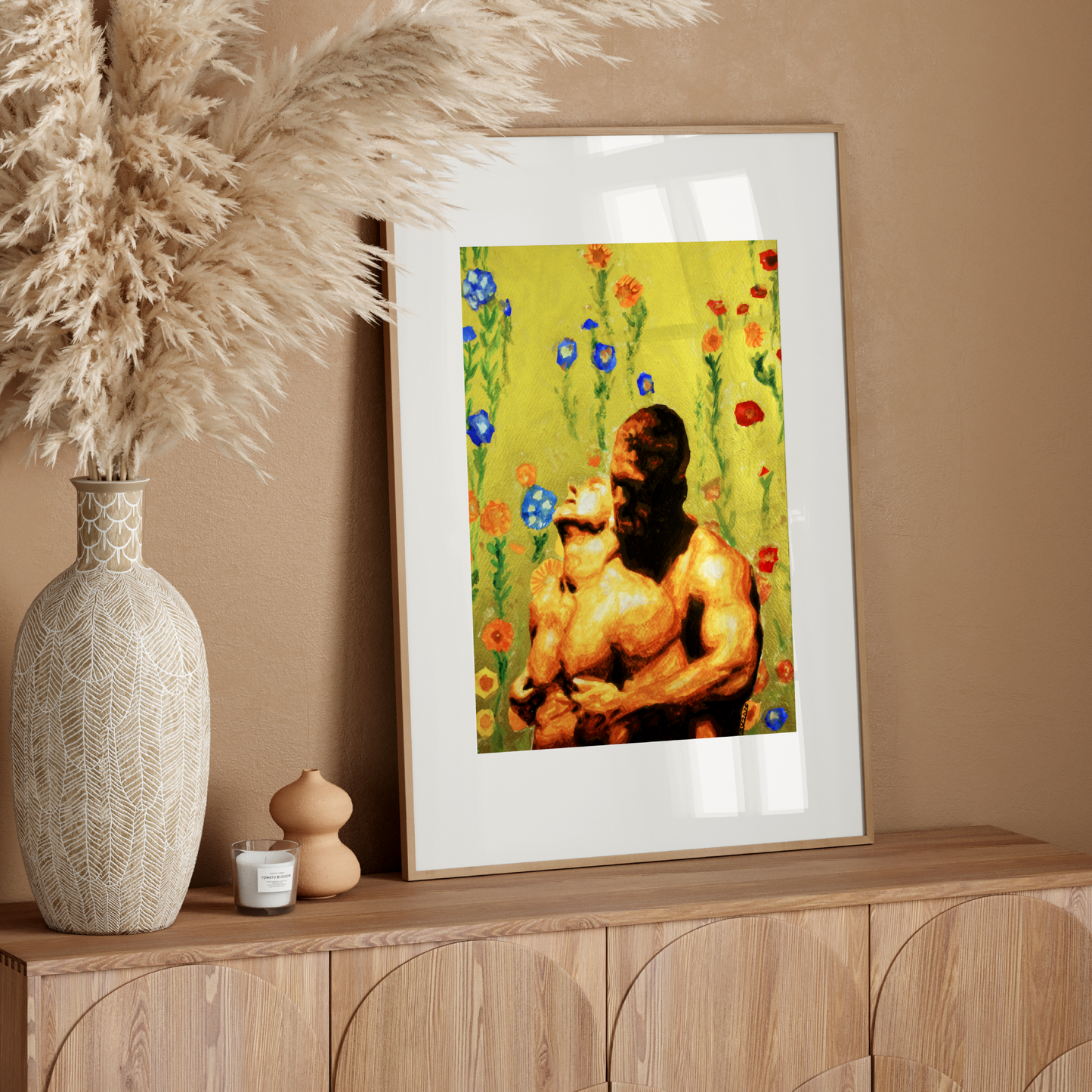 Watercolor painting of a gay couple: one man hugs his partner from behind and kisses his neck. The artwork is painted in warm beige and gold tones with a colorful floral background resembling a vintage shower curtain, symbolizing queer love and home intimacy.