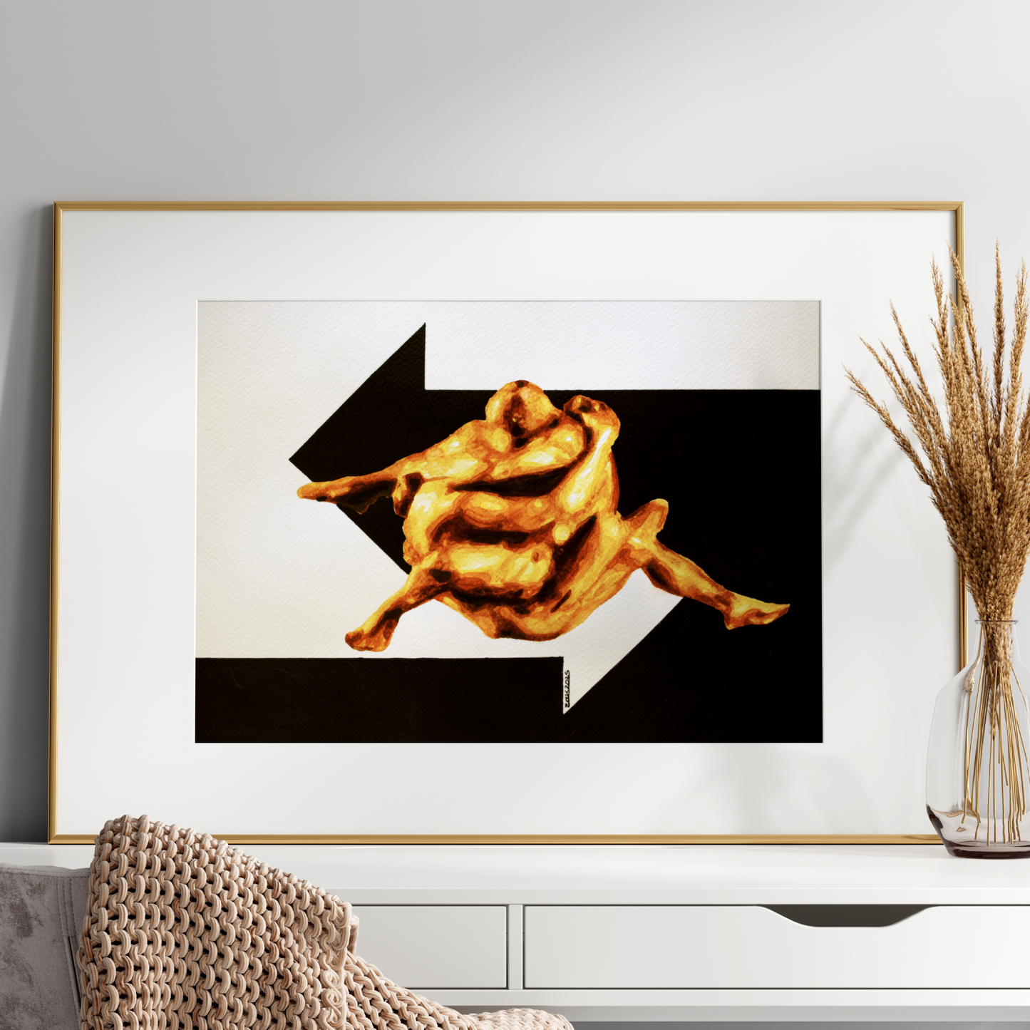 Colorful LGBTQ+ art print of two nude men intertwined into one body, with arrows from both right and left sides, created in Zak Pop Art style.
