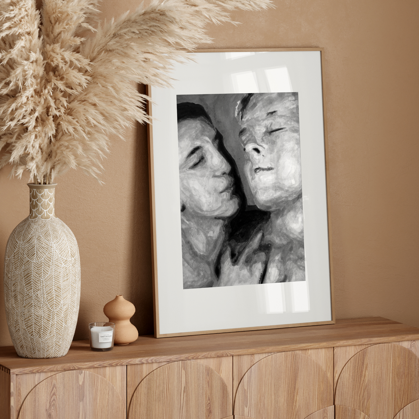Black and white watercolor painting of a gay couple, one gazing softly at the other, in a gentle romantic moment.