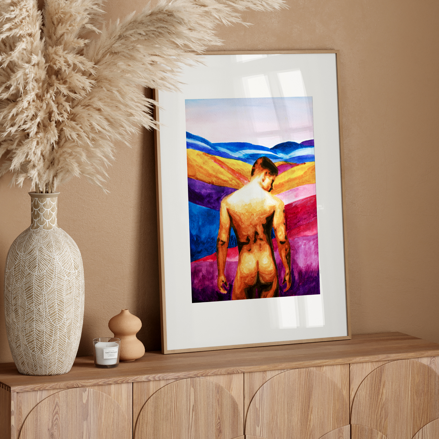 Print of a nude man seen from behind, showing his bare back and buttocks, gazing toward distant, imaginary colorful hills. Minimalist yet expressive LGBTQ+ art print.