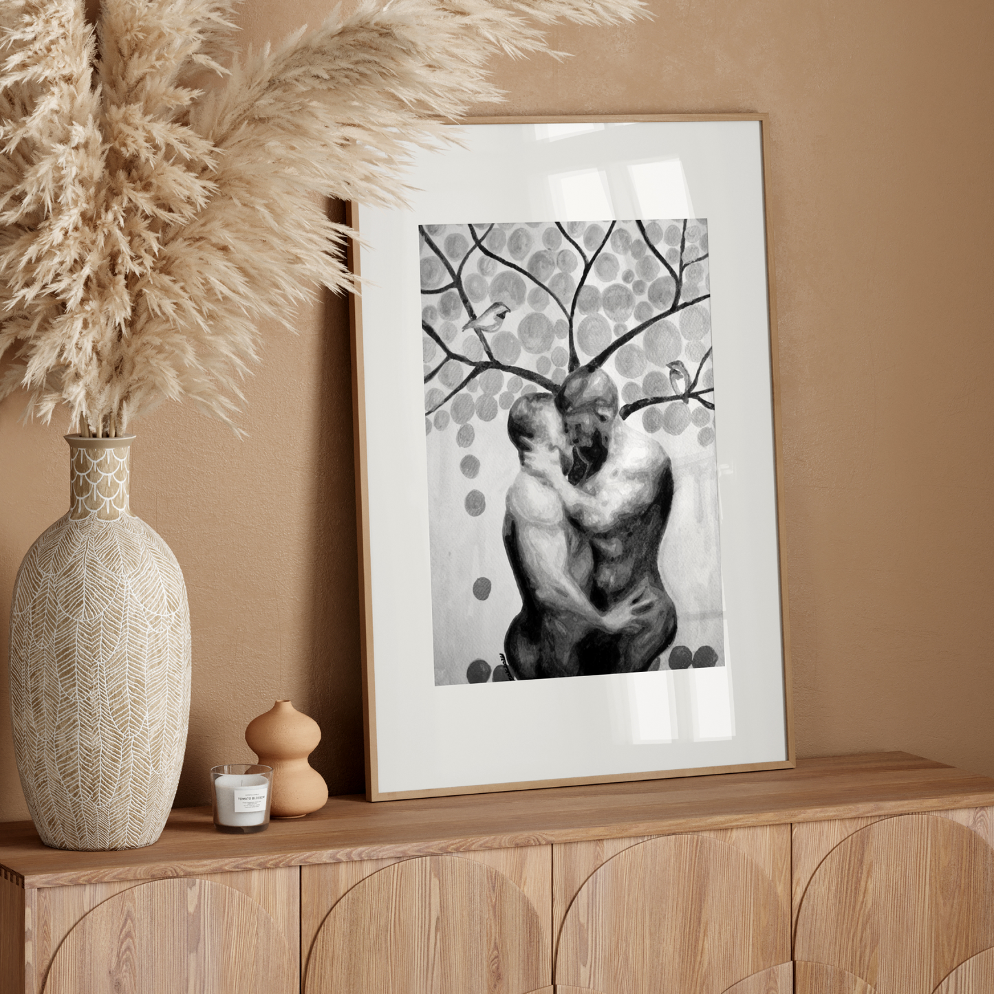 Black and white watercolor painting of two nude men embracing under a tree, with birds and surrounding leaves, expressing queer love, tenderness, and connection. Original Zak Pop Art.