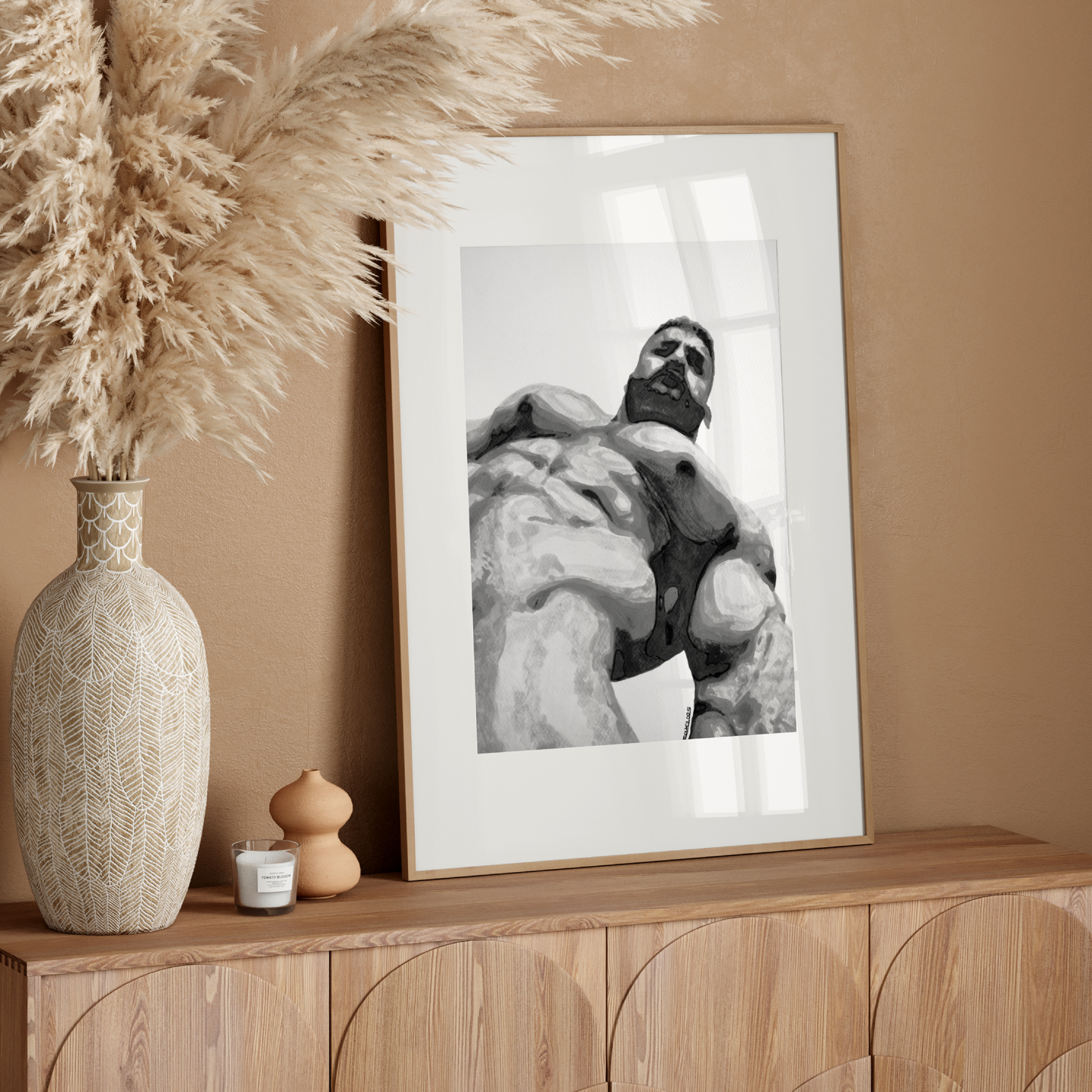 Black and white erotic watercolor art print of a muscular nude male, created by Zak Pop Art. Bold queer artwork highlighting form and sensuality in a minimalist style.