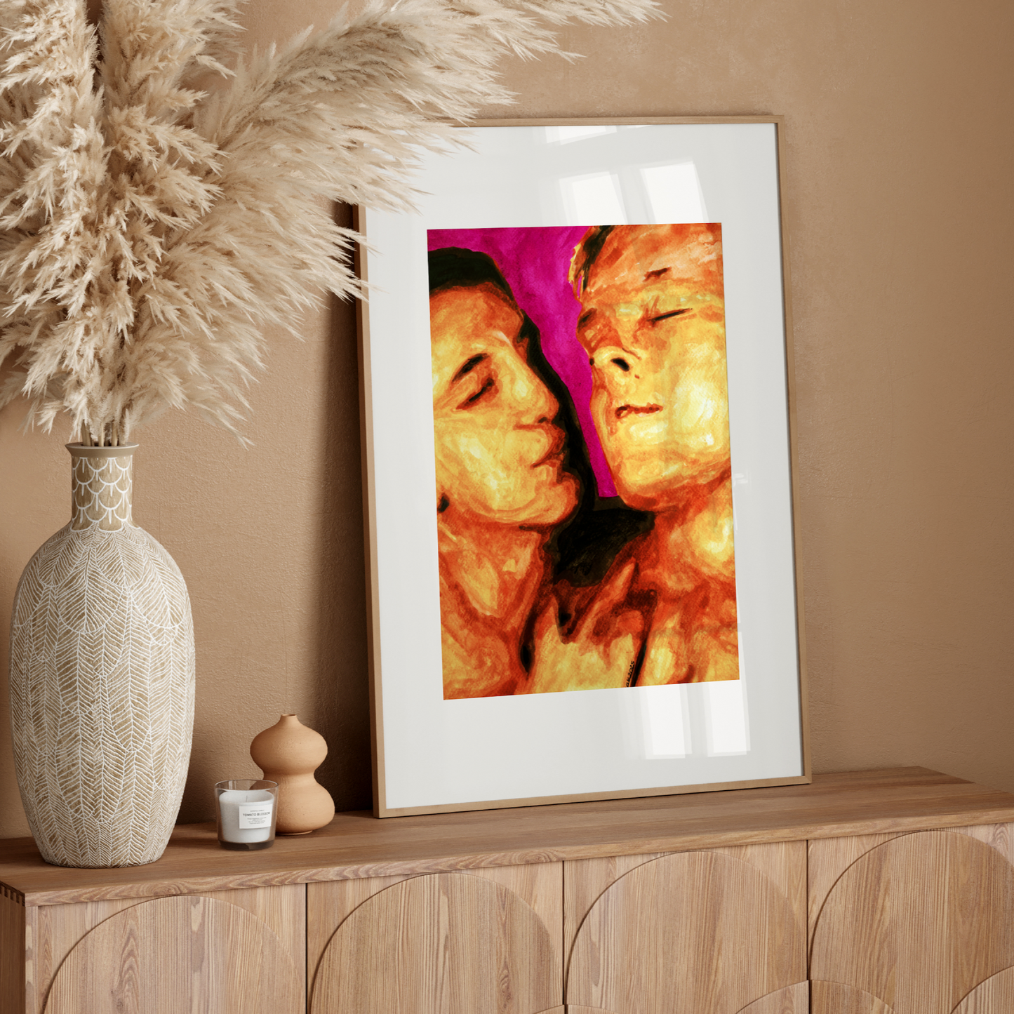 Watercolor painting of two gay men, one looking affectionately at the other, with warm skin tones and a soft pink floral background.