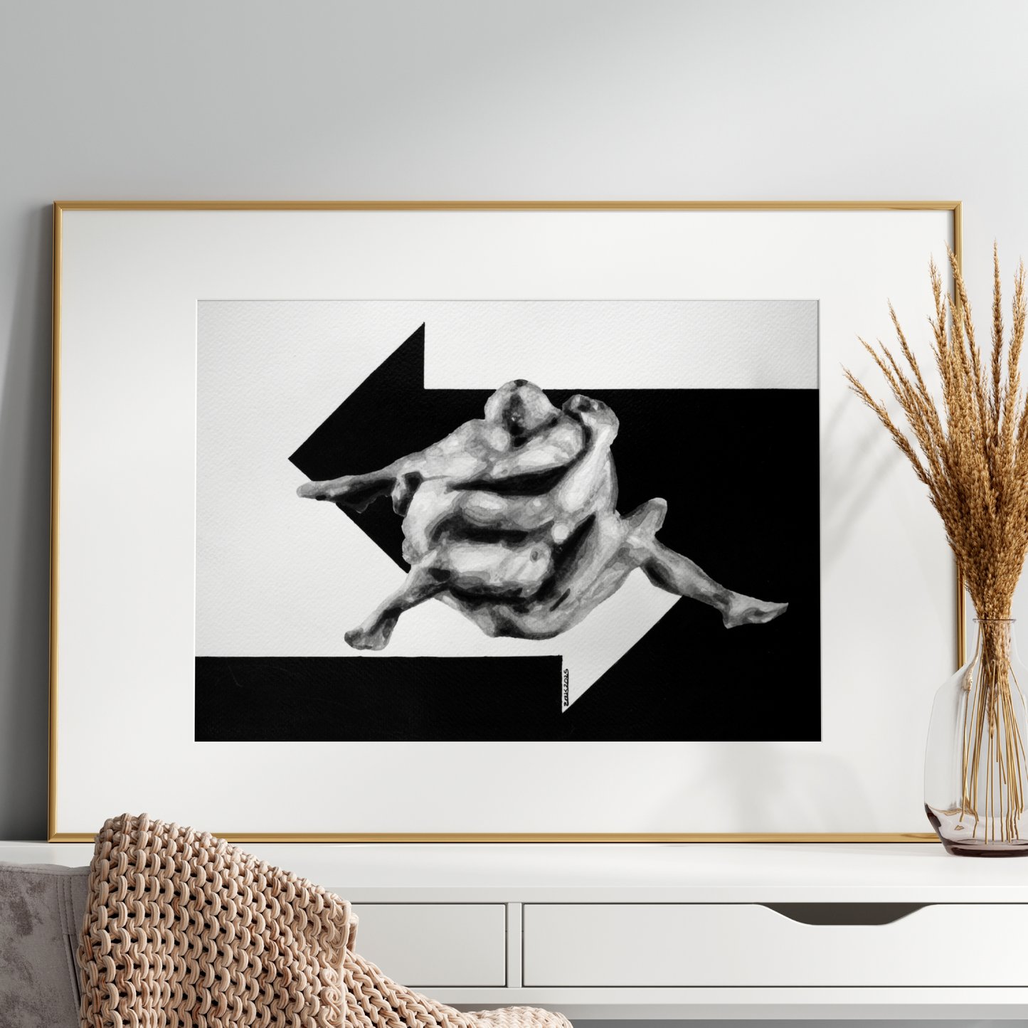 Black and white watercolor print of two nude men merged into one abstract form, with an arrow entering from the right and another from the left.