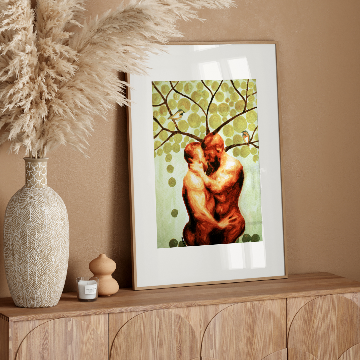 Watercolor painting of two nude men embracing under a tree with golden leaves and two birds, symbolizing queer love, peace, and connection in nature. Original Zak Pop Art.