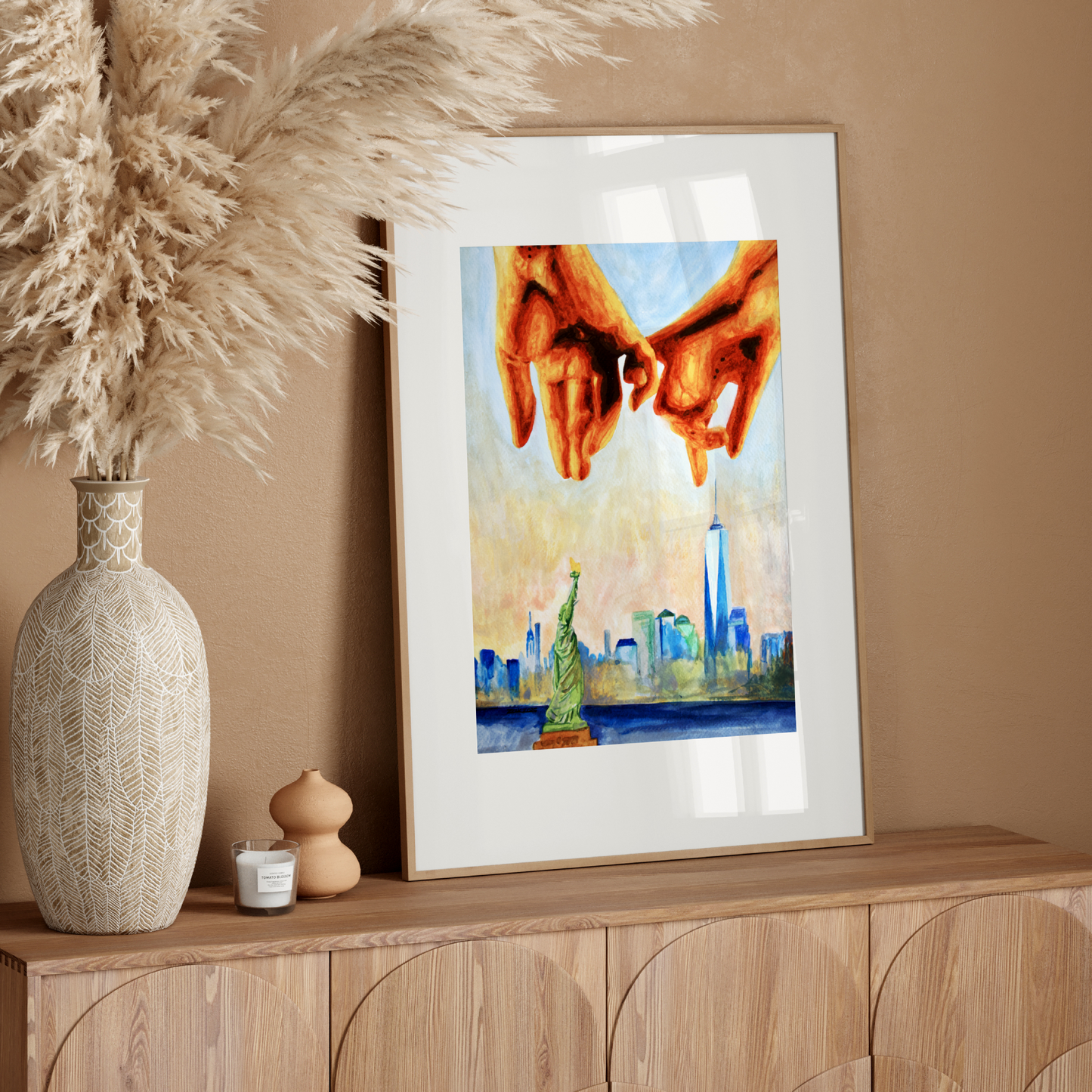 Watercolor painting of a gay couple making a pinky promise, with their hands interlocked in the foreground. Behind them, the New York City skyline and the Statue of Liberty appear under a soft pink sky. LGBTQ+ pride colors are subtly blended into the artwork, symbolizing queer love and freedom.