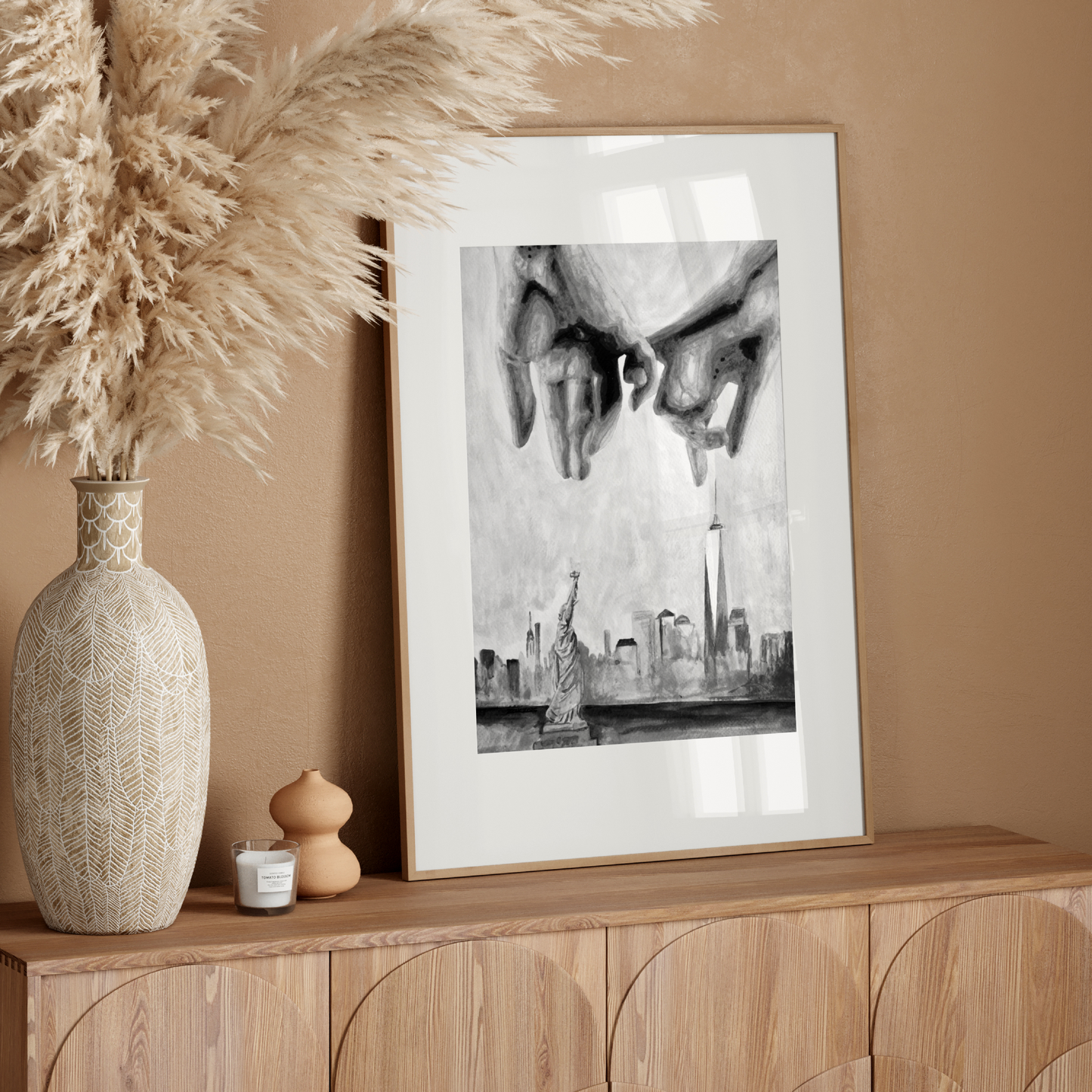 Black and white watercolor print of two gay men making a pinky promise with interlocked hands in the foreground. Behind them, the NYC skyline and Statue of Liberty are softly illustrated, symbolizing queer love and freedom.