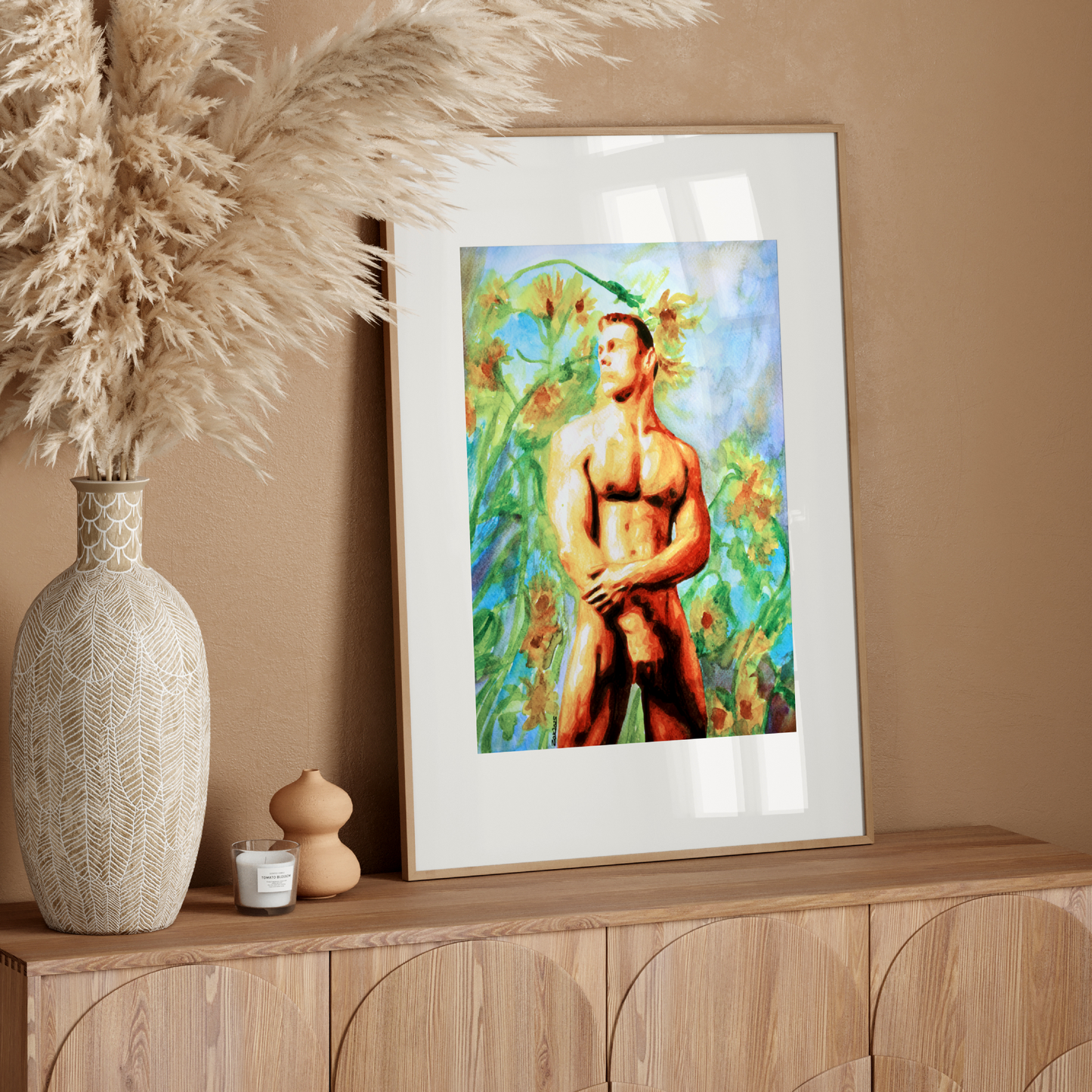 Muscular nude male looking sideways with sunflowers and dreamy sky background in soft watercolor, by Zak Pop Art.