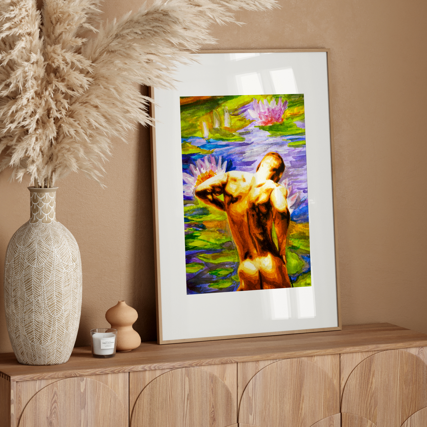 Framed artwork of a nude figure in a colorful setting on a wooden sideboard with decorative elements.