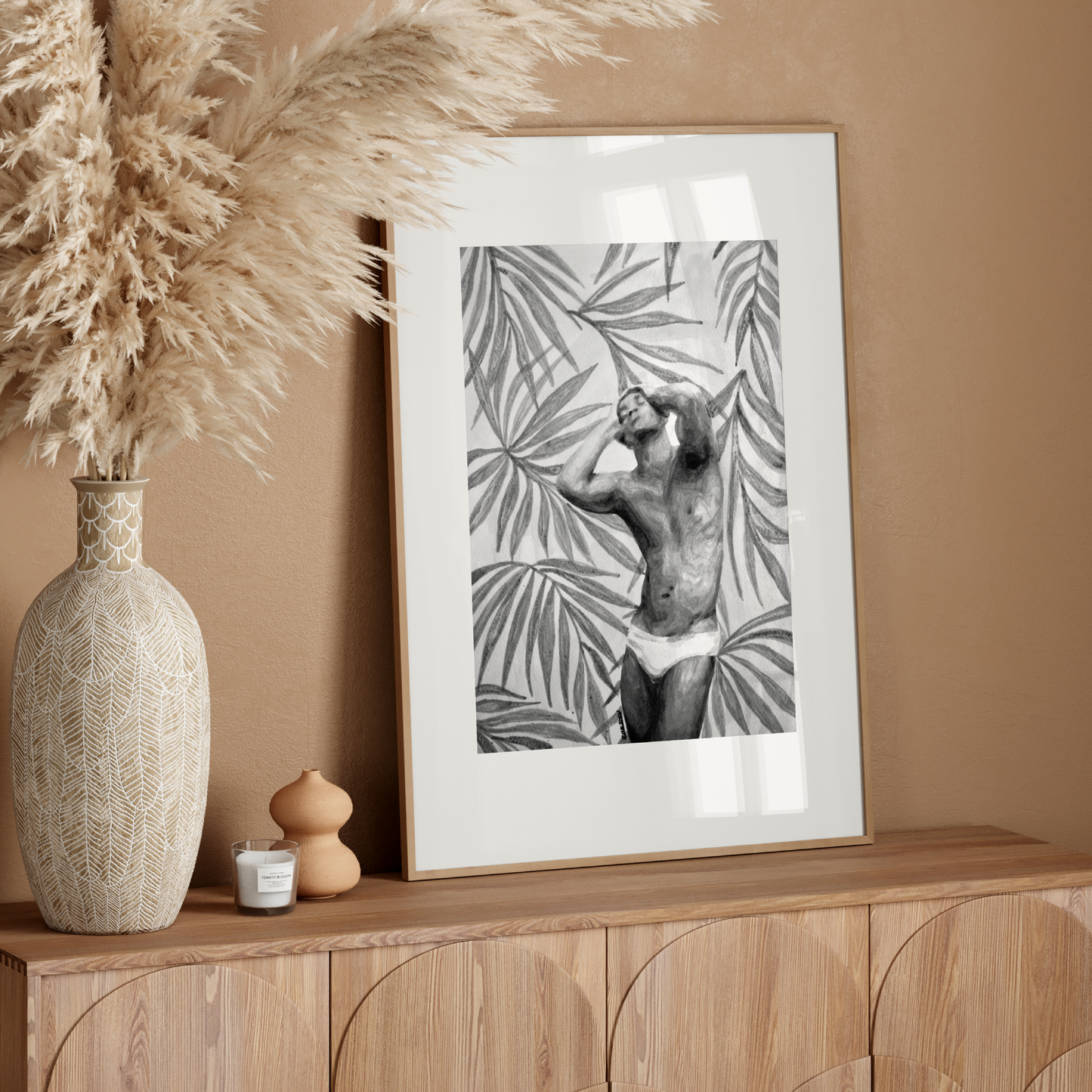 Black and white watercolor painting of a muscular man in underwear with tropical palm leaves background, showing bold Miami style and queer pride through strong contrasts and delicate shading. Original Zak Pop Art