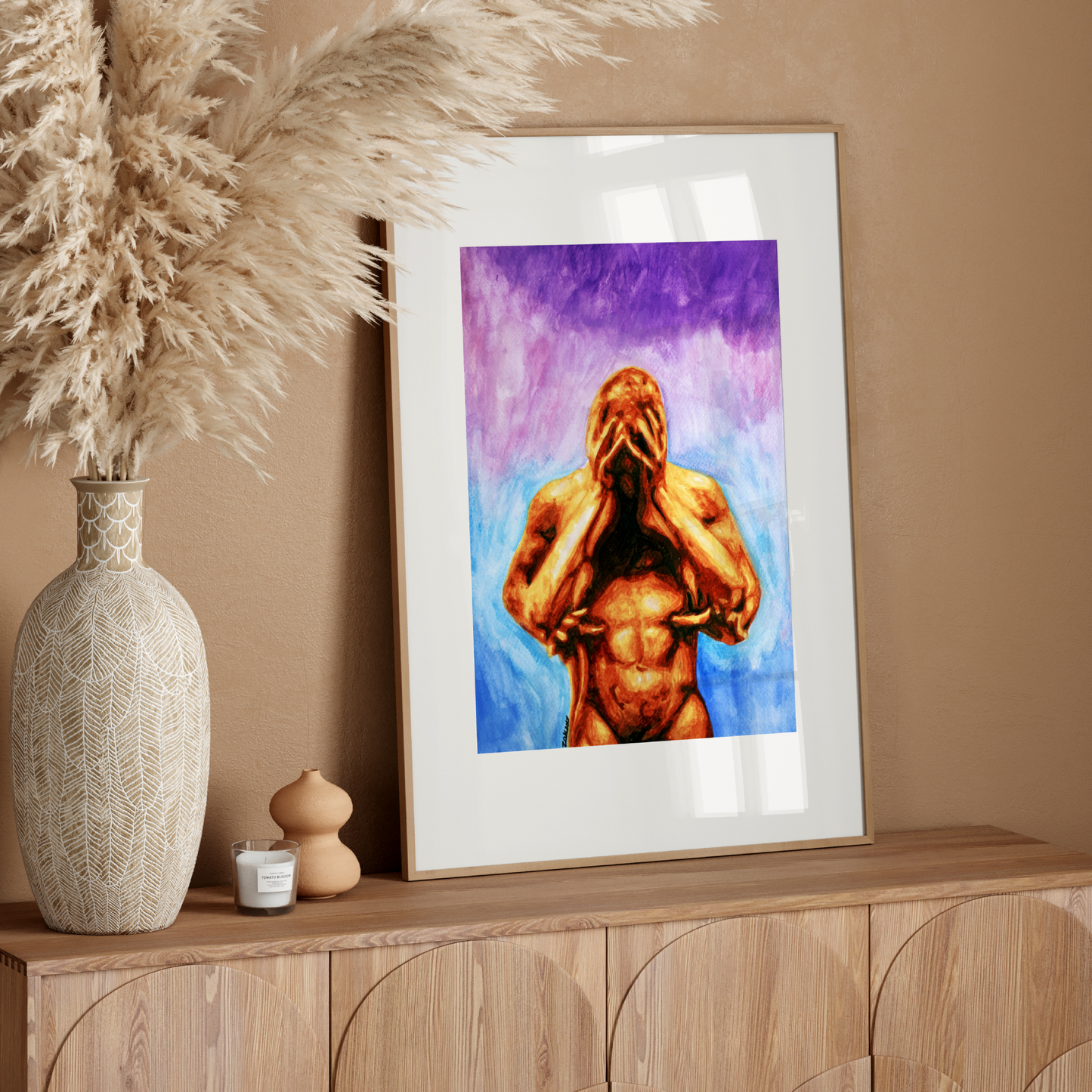 Watercolor of a muscular nude man holding his head in distress while another man gently hugs him from behind, with a blue and purple background.