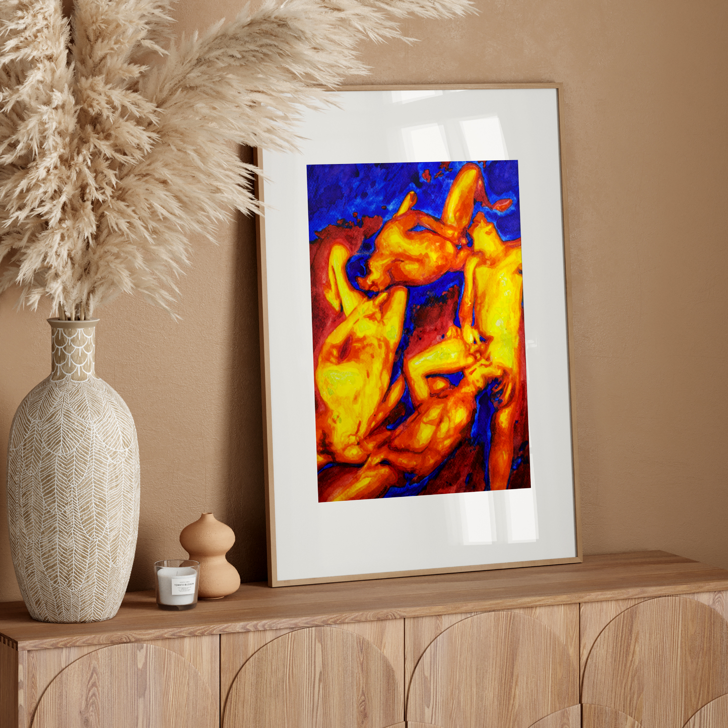 Watercolor painting of four nude queer figures in a circular composition, using warm and cool tones to depict a sensual and emotional erotic scene. Zak Pop Art.