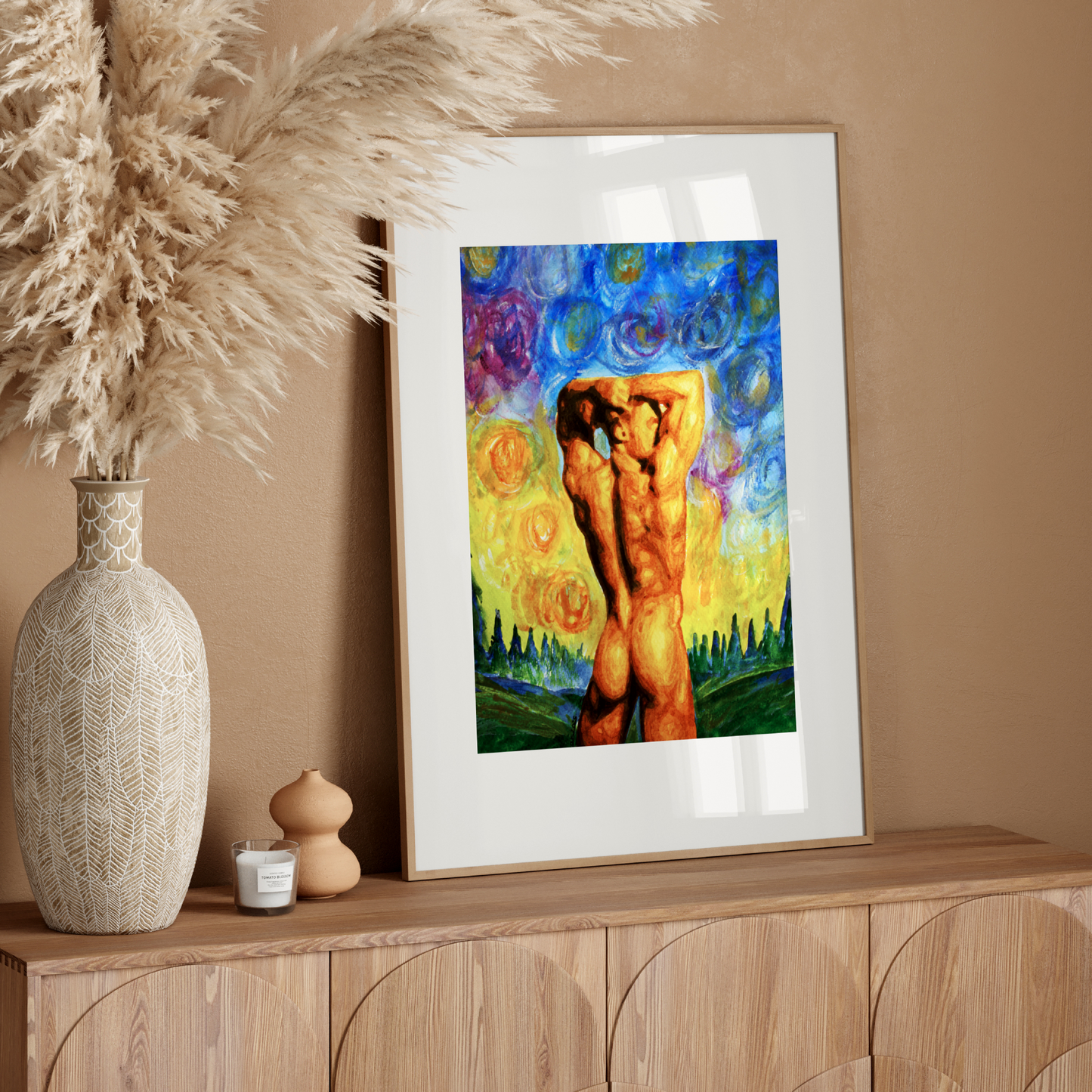 Colorful LGBTQ+ art print of two nude men intertwined into one body, with arrows from both right and left sides, created in Zak Pop Art style.