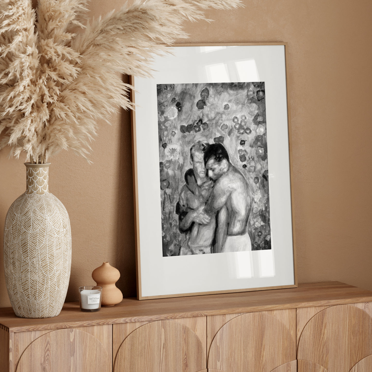 Black and white watercolor art of a gay couple embracing affectionately in front of a flower-filled garden. A minimalist, emotional tribute to same-sex love and LGBTQ+ identity.