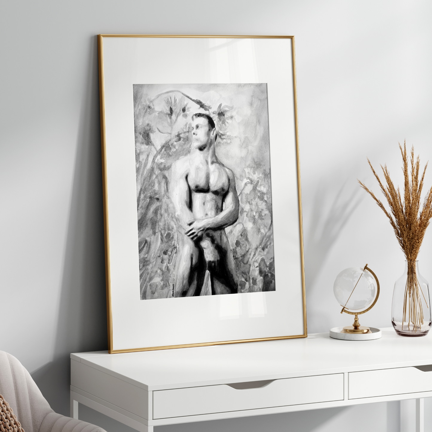 Black and white watercolor painting of a nude muscular male viewed from a low angle, expressing bold queer identity and masculine beauty by Zak Pop Art.
