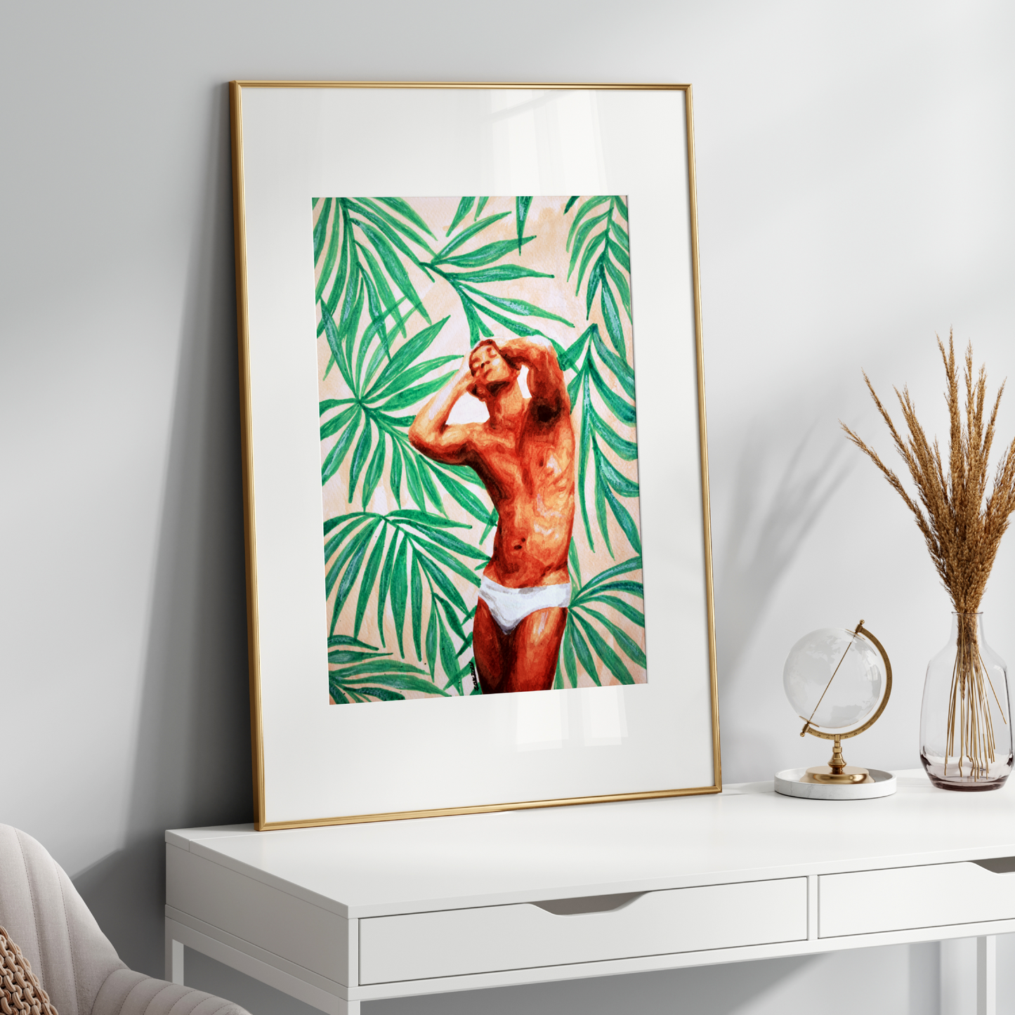 Watercolor painting of a muscular man wearing underwear, posed confidently against a backdrop of tropical palm leaves in soft pink tones, reflecting vibrant Miami style and queer pride. Original Zak Pop Art.