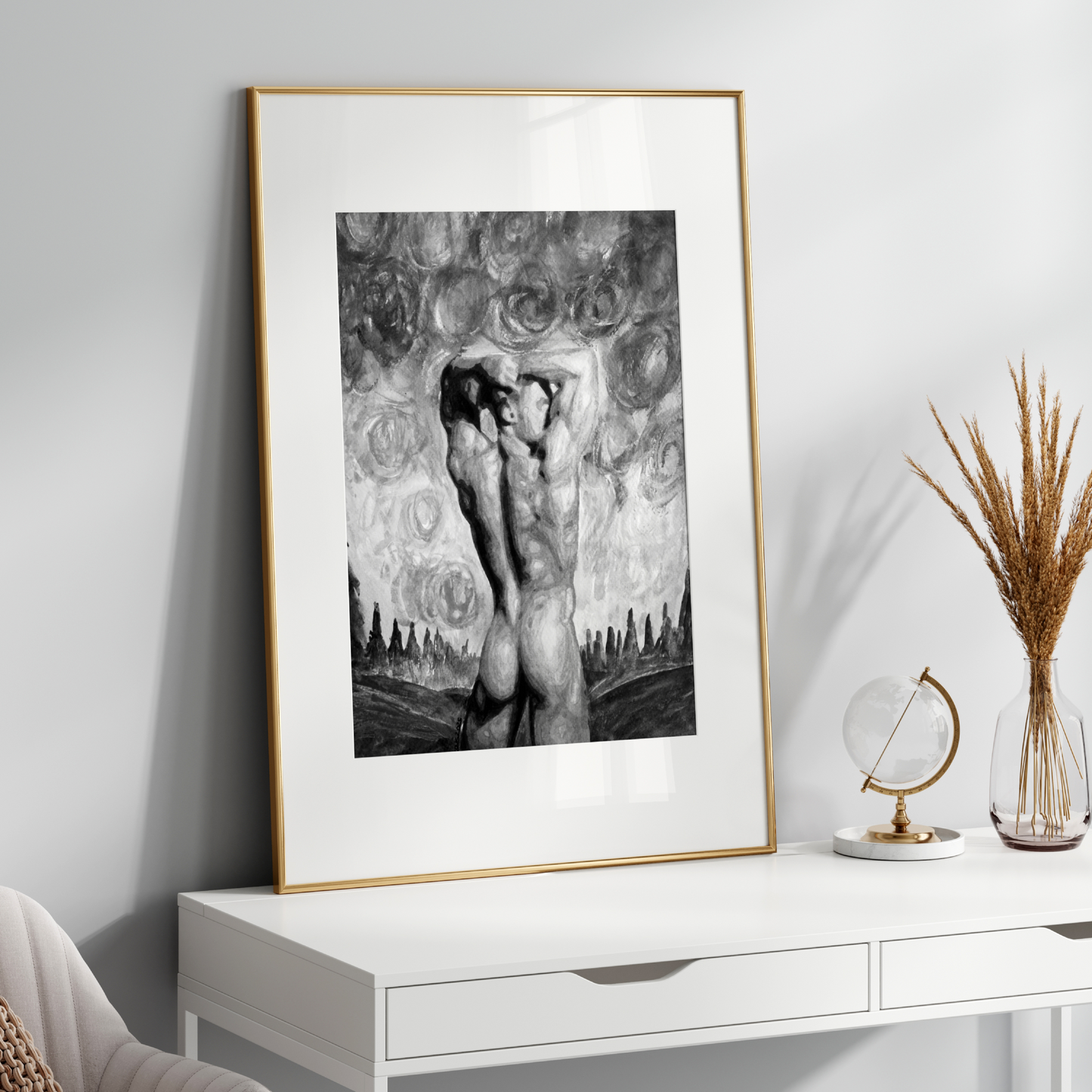 Black and white queer art print of a nude man from behind looking at a hill under a Van Gogh-style sky in Zak Pop Art’s style.