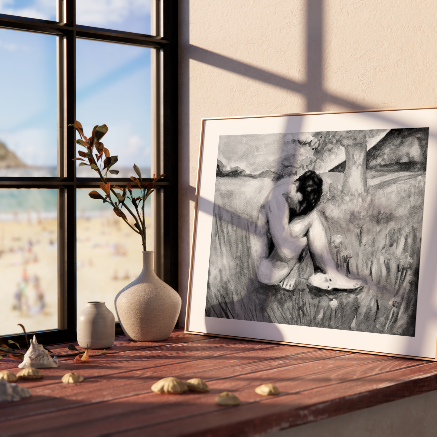 Framed black and white artwork of a nude figure on a wooden shelf with a window view.