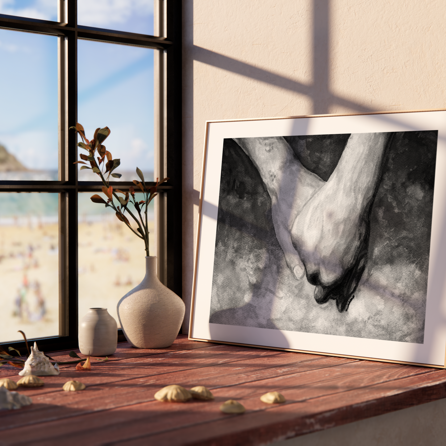 Framed artwork on a wooden shelf with a window view
