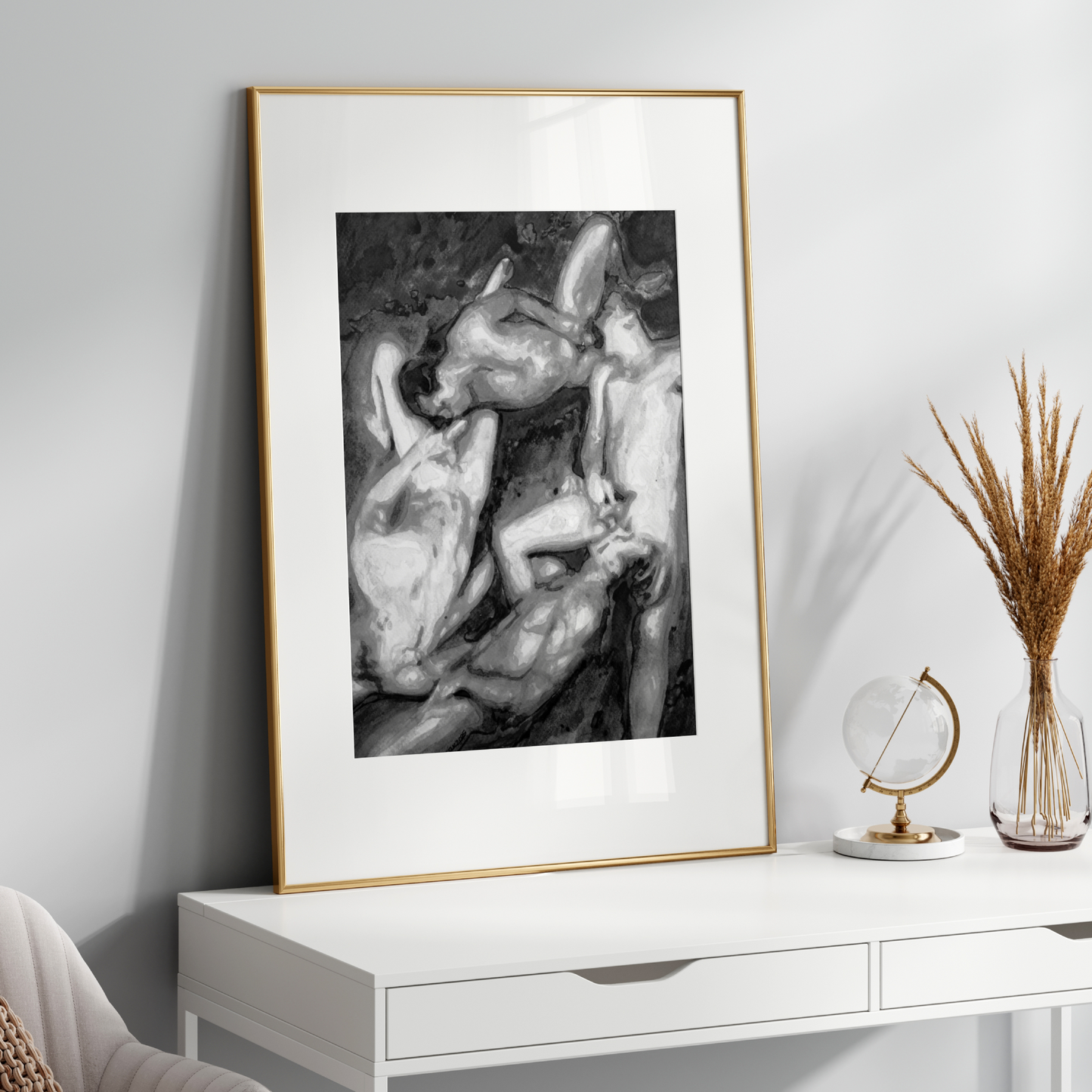 Black and white watercolor print of four nude queer figures in a circular arrangement, exploring intimacy and form through expressive grayscale brushwork. Zak Pop Art.