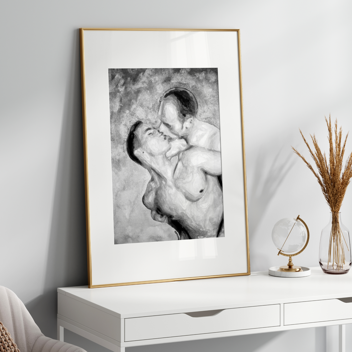 Black and white watercolor print of two shirtless men embracing under a vast grey sky. LGBTQ+ love art by Zak Pop Art.