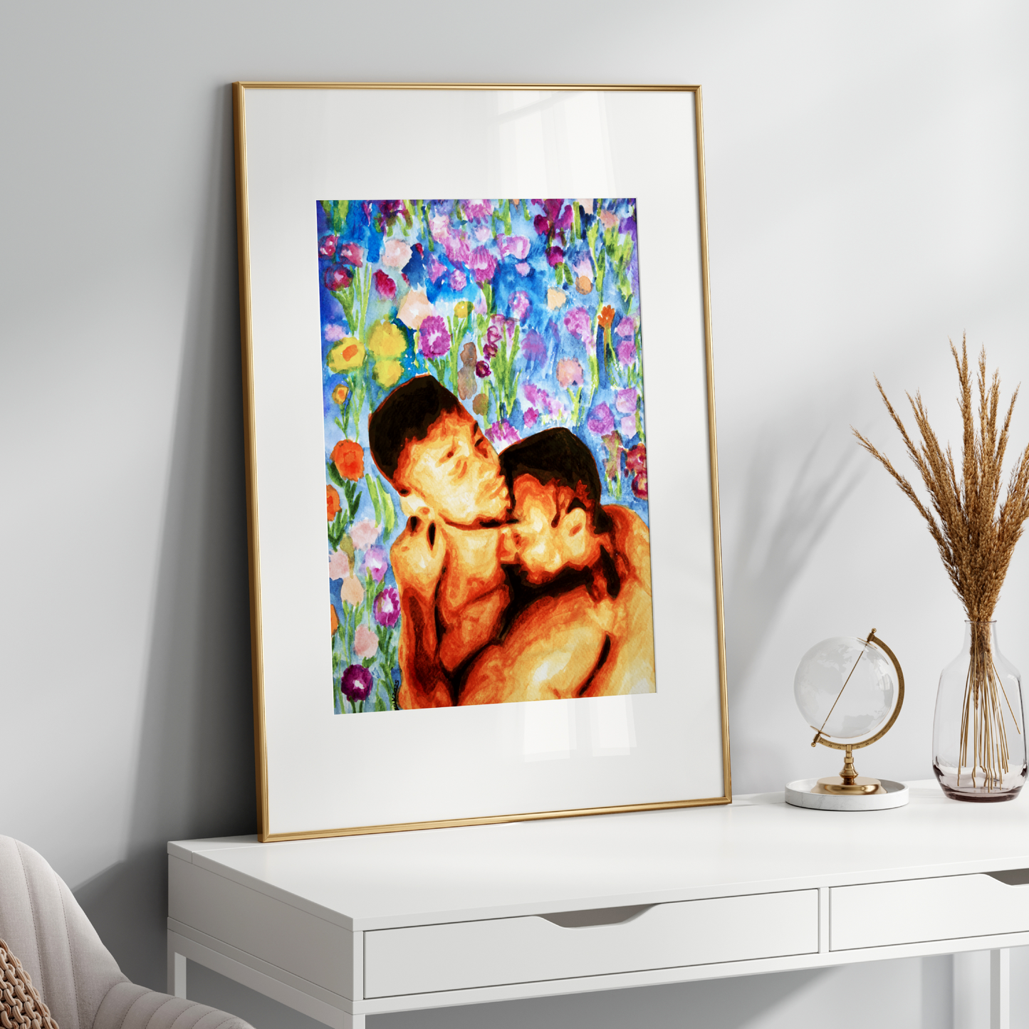 Watercolor painting of two gay men embracing nude from the waist up, in a soft romantic hug. Behind them is floral wallpaper in gold and rose tones, symbolizing elegance and queer intimacy.