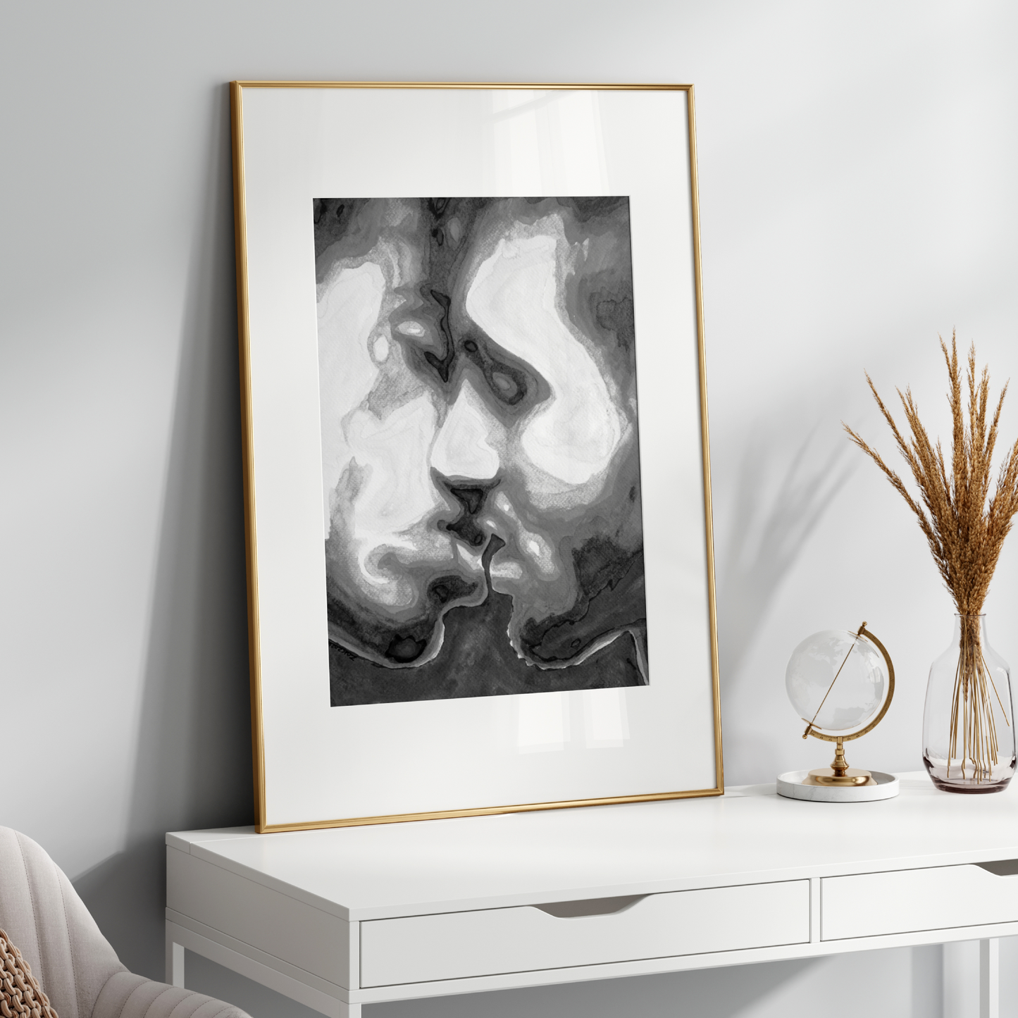 Black and white watercolor of a muscular gay couple kissing