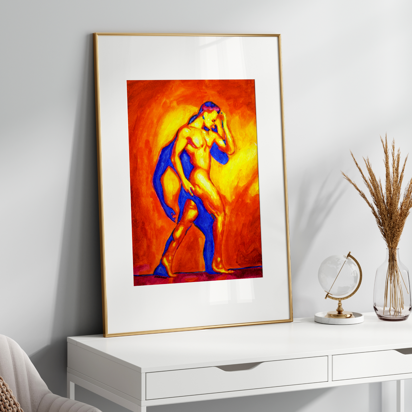 Framed abstract artwork of a nude figure on a white wall above a white console table.