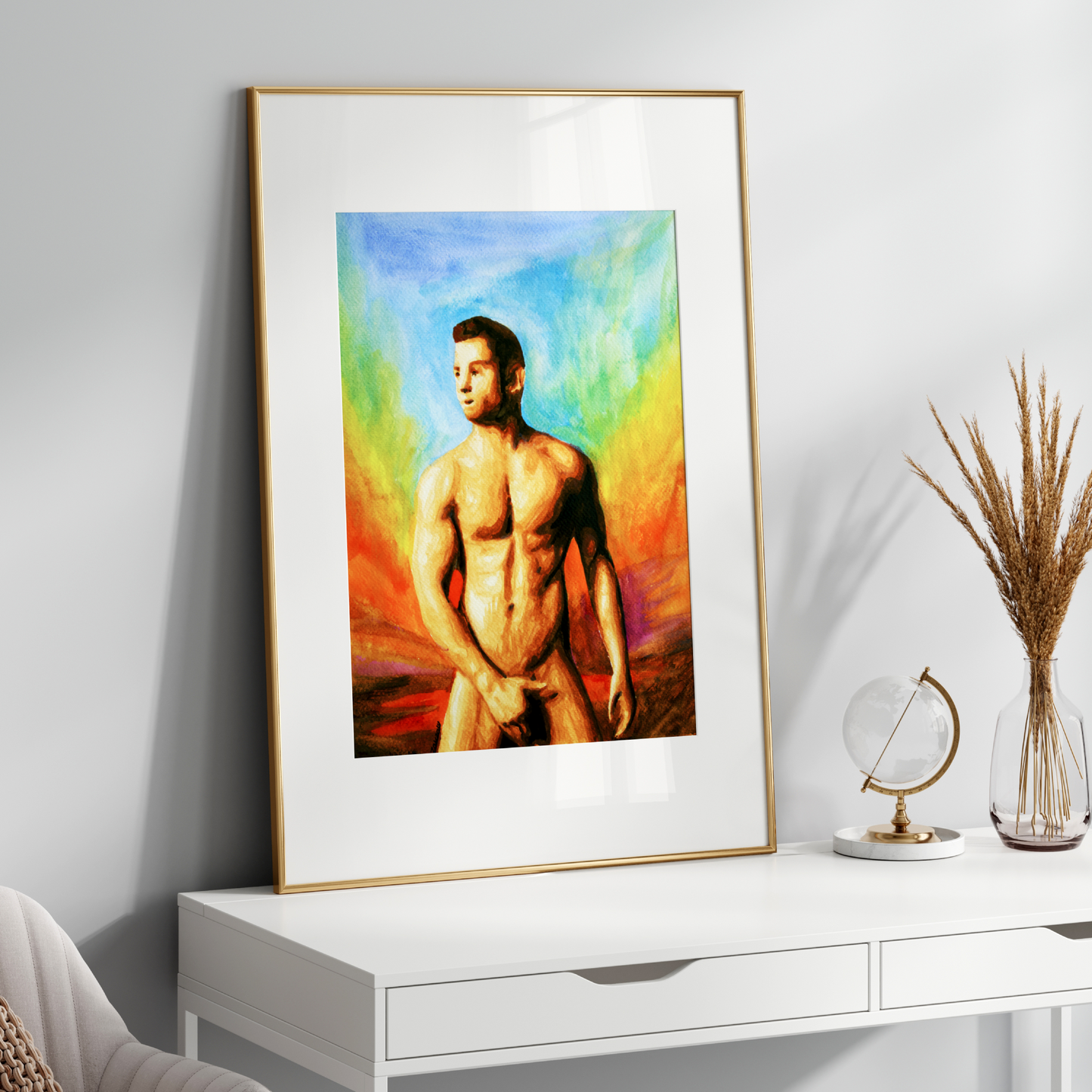 Watercolor painting of a muscular nude man with hands modestly covering himself, standing under a rainbow sky, symbolizing pride, strength, and vulnerability. Original Zak Pop Art.