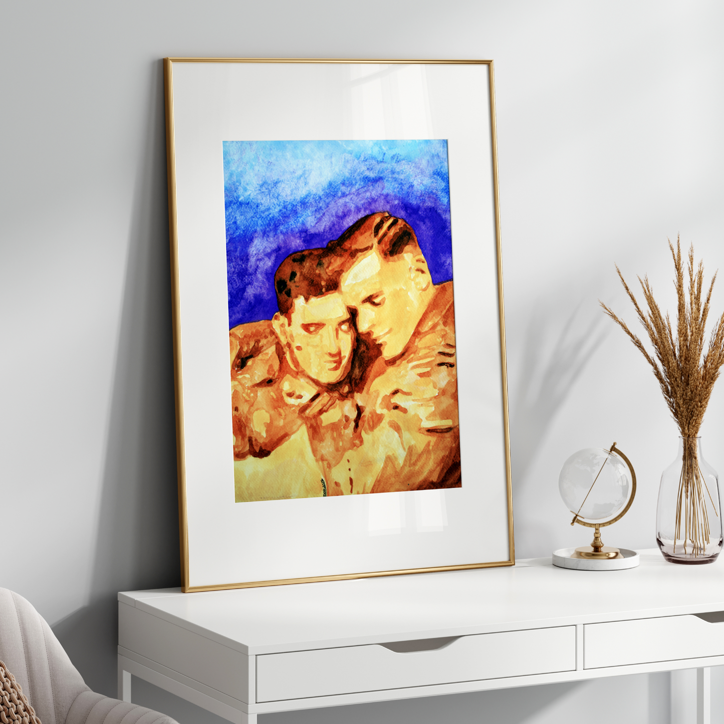 Watercolor painting of two WWI soldiers embracing tenderly, dressed in vintage military uniforms. A romantic and emotional tribute to hidden queer history.