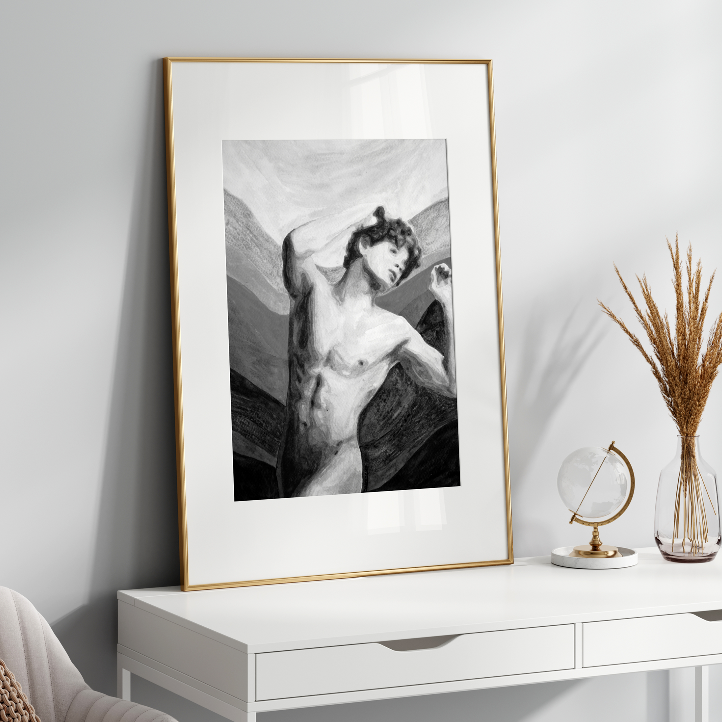 Black and white watercolor painting of a nude young man holding his red hair, with layered gray-toned background symbolizing the rainbow, expressing queer identity and emotional strength. Original Zak Pop Art.
