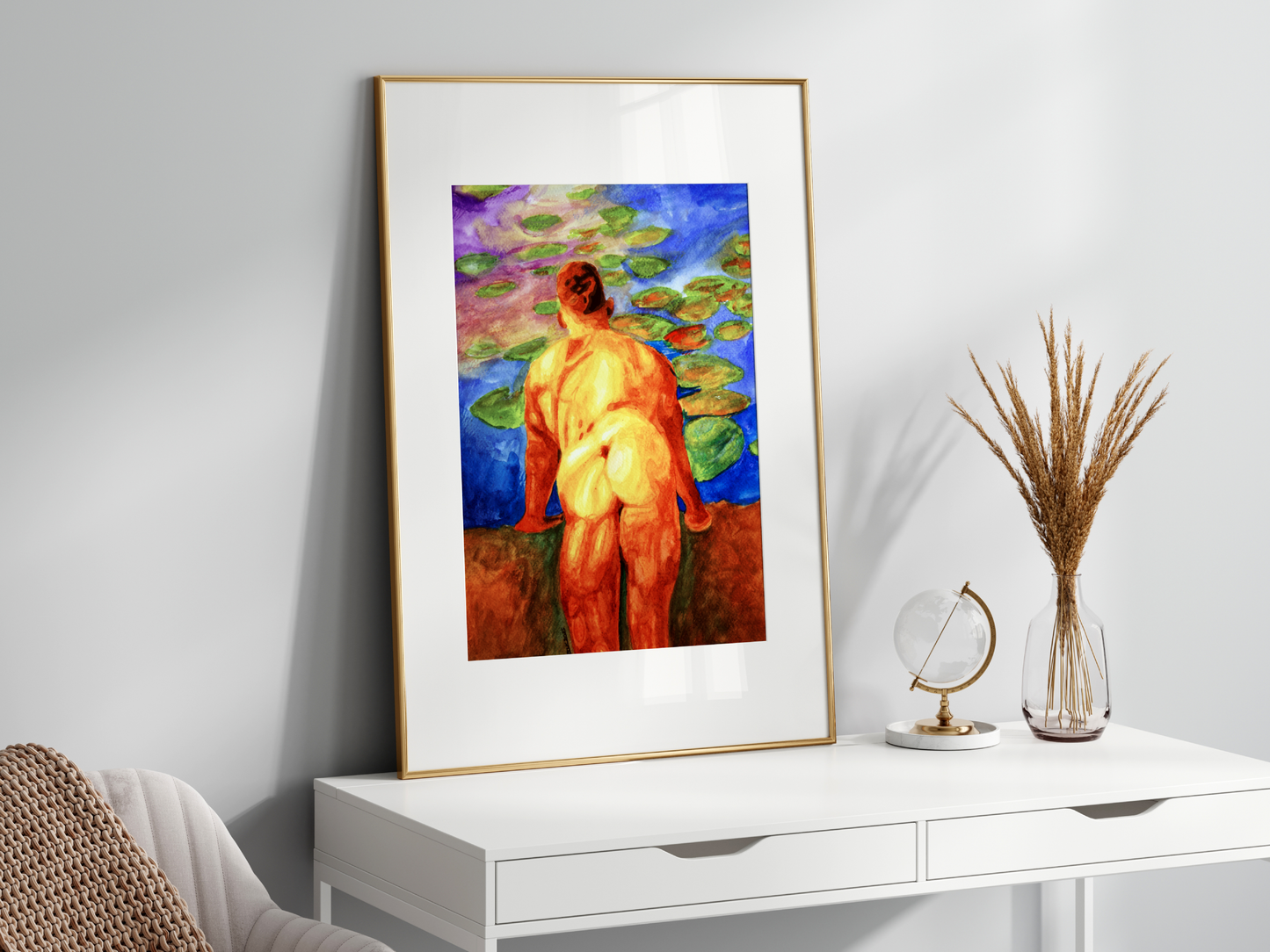 Watercolor Art – Leaning Muscular Male with Monet-Inspired Nature Background