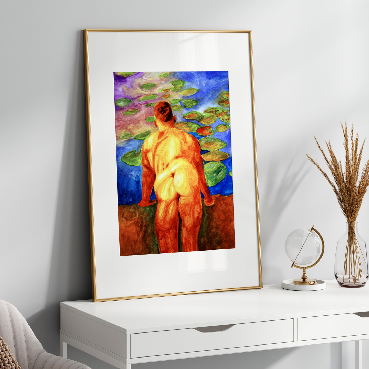 This bold yet poetic watercolor artwork captures a powerful, muscular young man leaning gracefully against an old stone wall, his body curved in a moment of quiet vulnerability. The central focus is on his form, rendered with delicate shadows